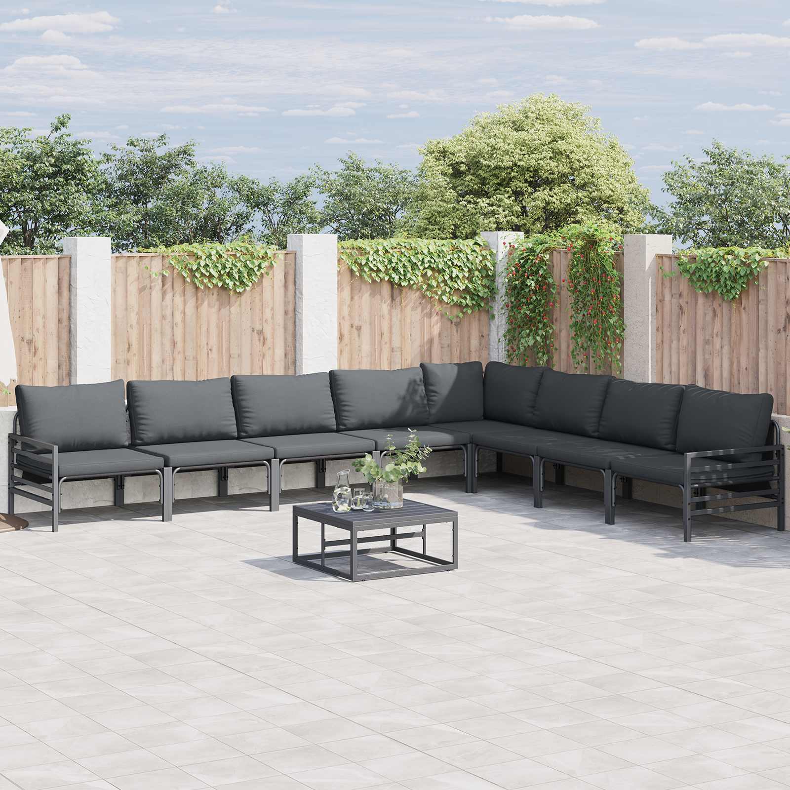 vidaXL vidaXL Garden Sofa Set with Cushion 8 pcs Black Steel - Garden Sofa Sets