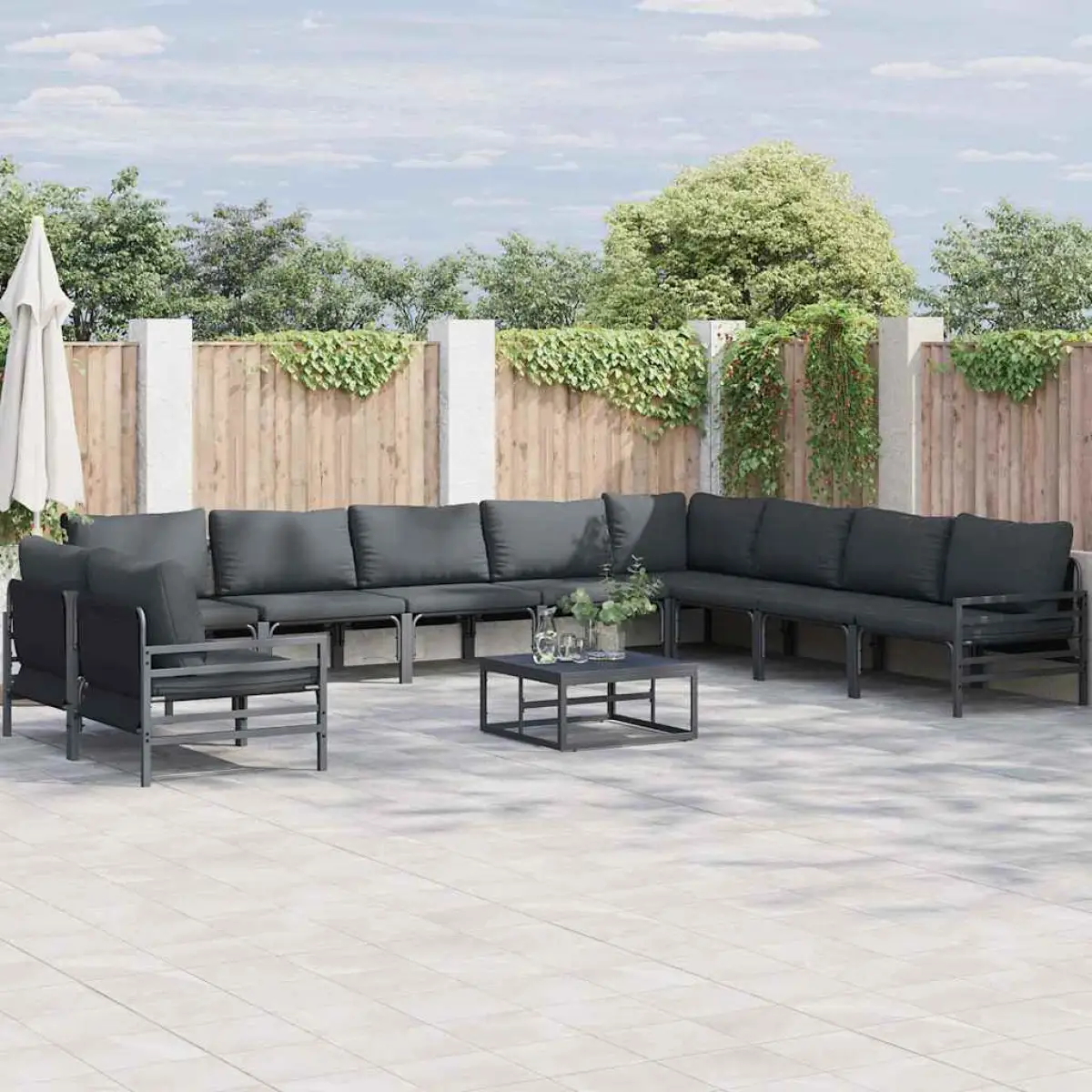 vidaXL vidaXL Garden Sofa Set with Cushion 10 pcs Black Steel - Garden Sofa Sets