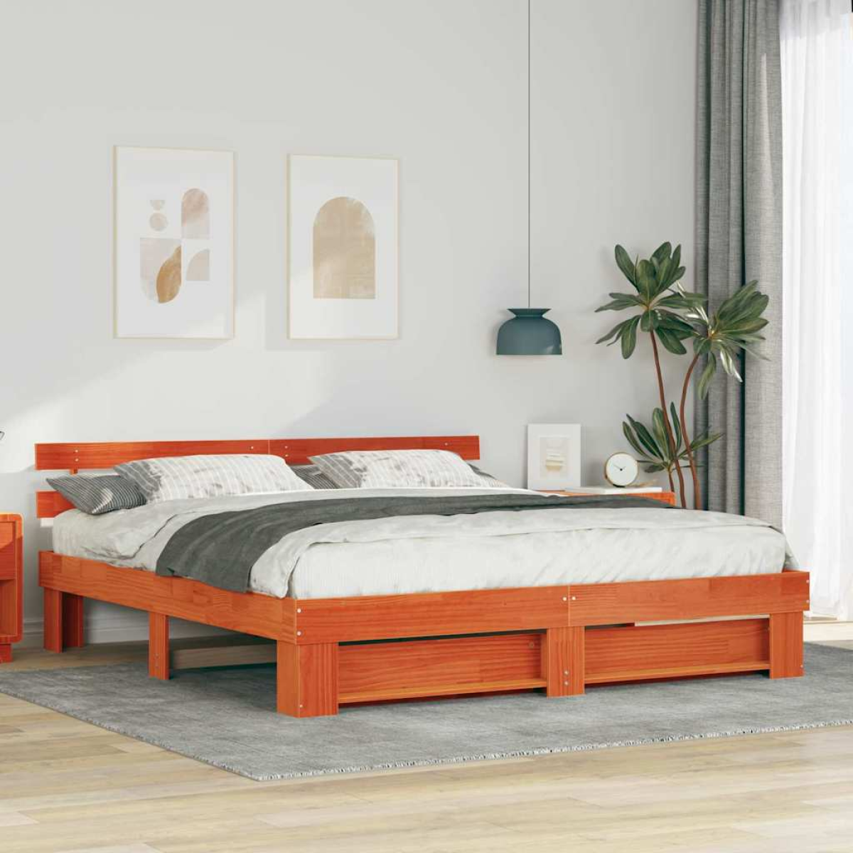 vidaXL Bed Frame with Headboard Brown 160 x 200 cm Solid Pine Wood - from vidaXL
