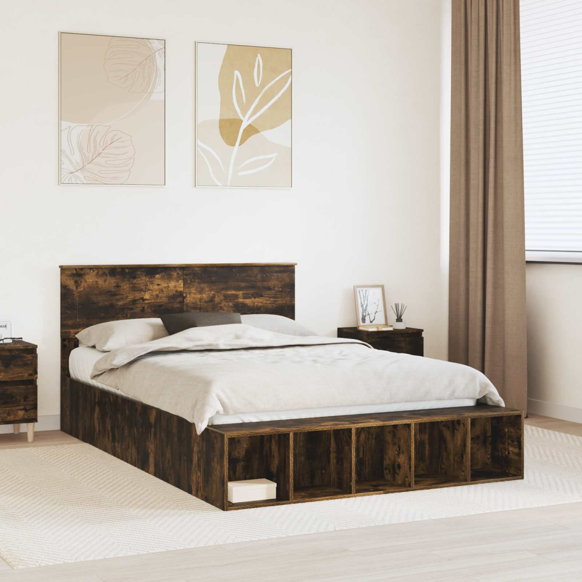 vidaXL Bed Frame with Shelf Grey Sonoma 200 x 200 cm Engineered Wood - from vidaXL