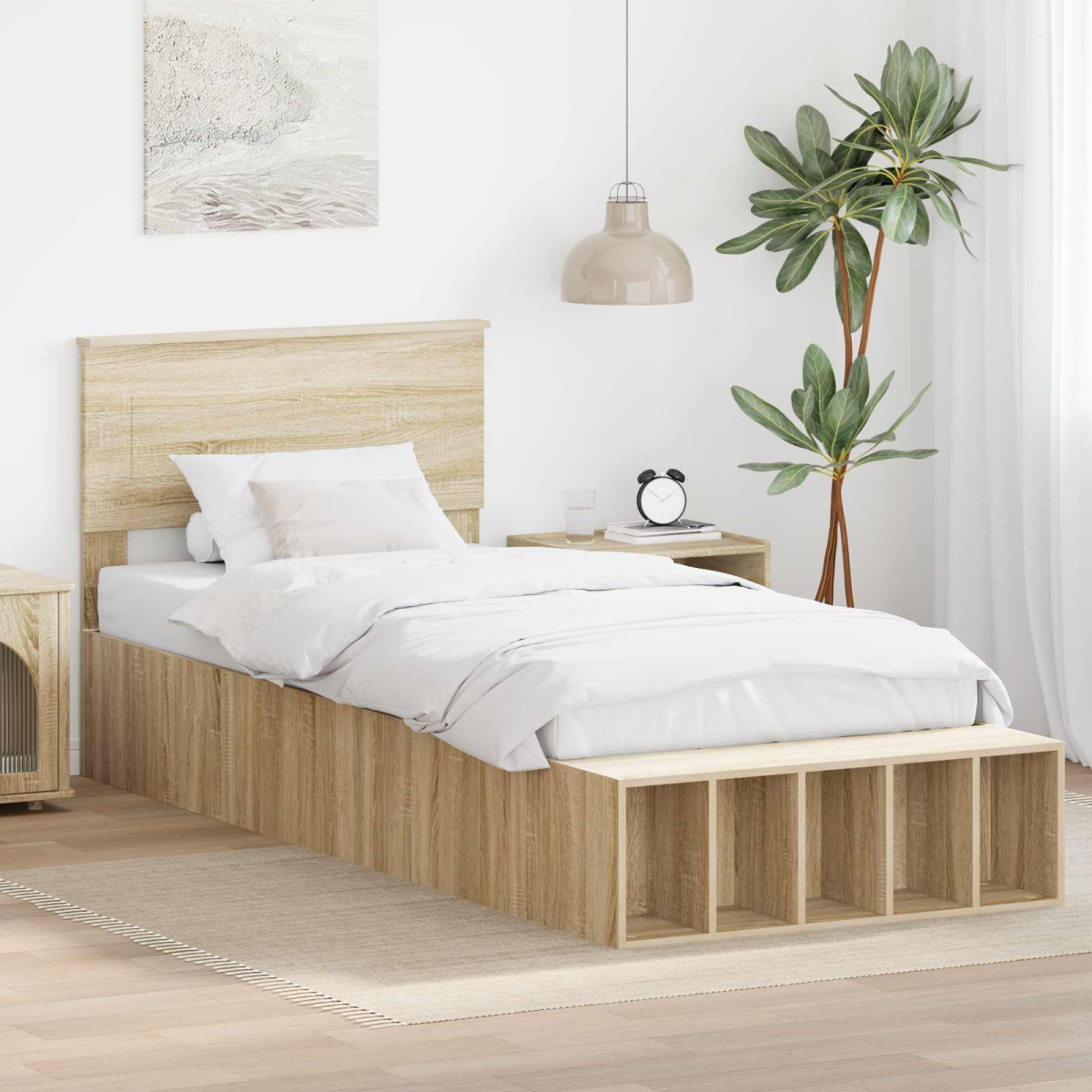 vidaXL Bed Frame with Shelf Grey Sonoma 200 x 200 cm Engineered Wood - from vidaXL