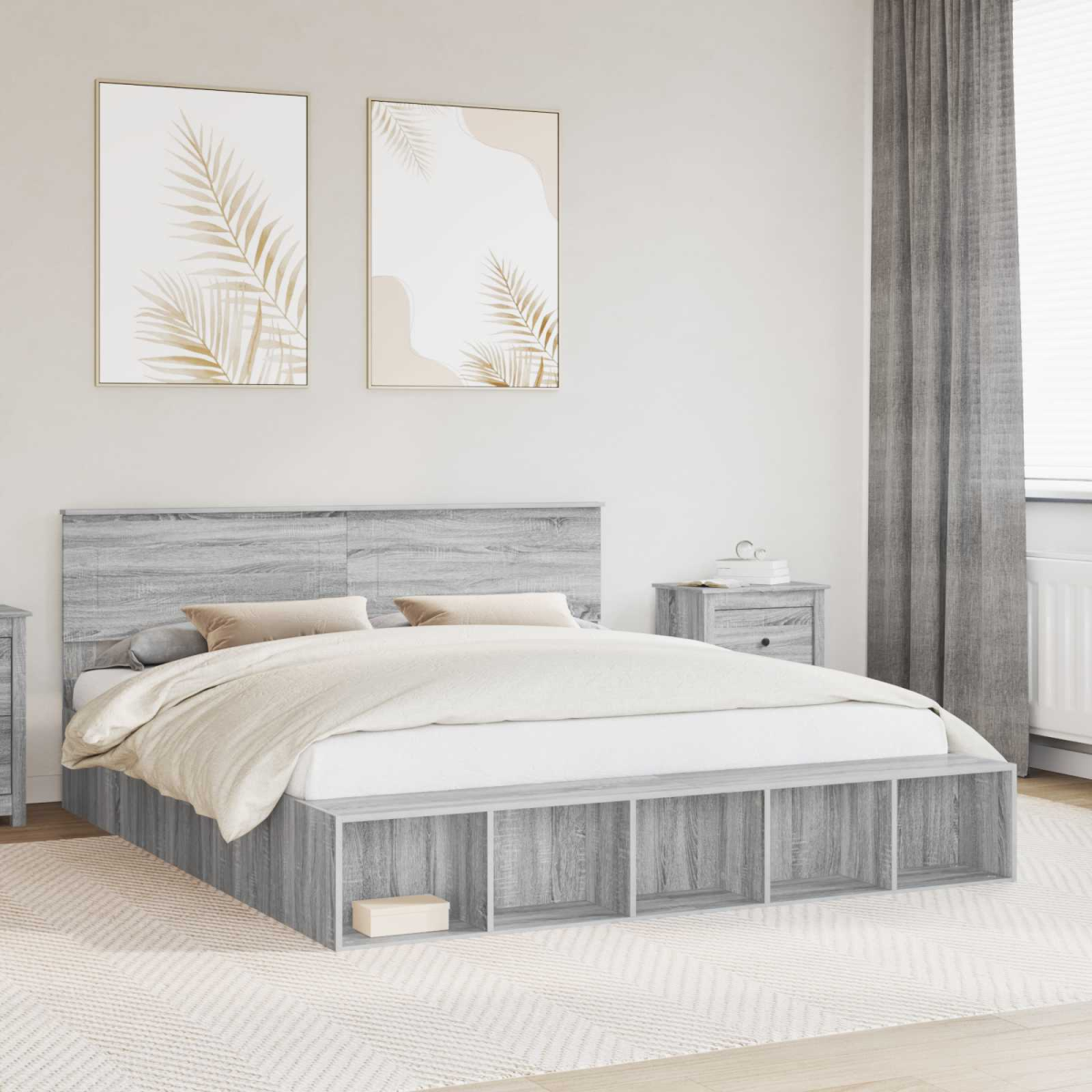 vidaXL Bed Frame with Shelf Grey Sonoma 200 x 200 cm Engineered Wood - from vidaXL