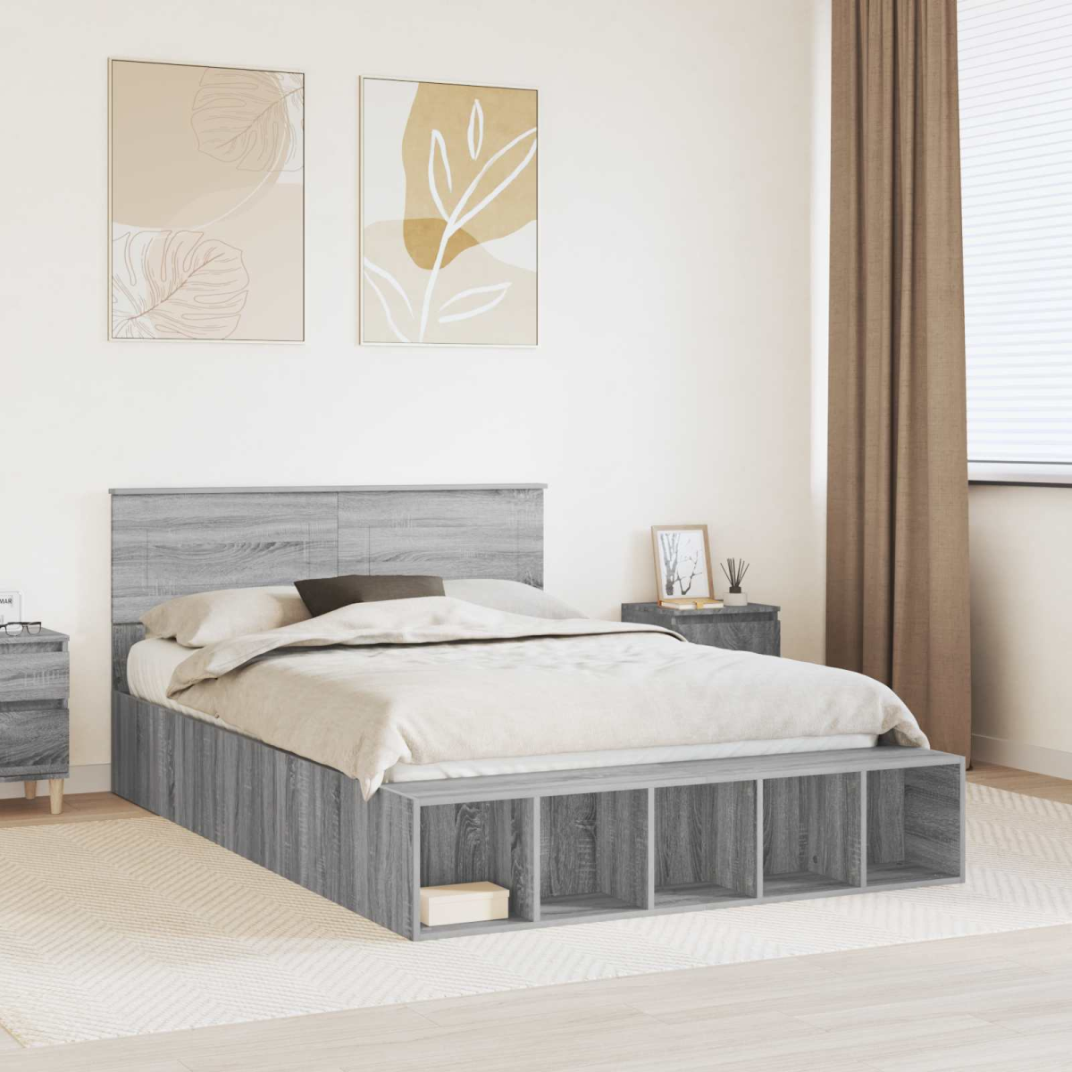 vidaXL Bed Frame with Shelf Grey Sonoma 200 x 200 cm Engineered Wood - from vidaXL