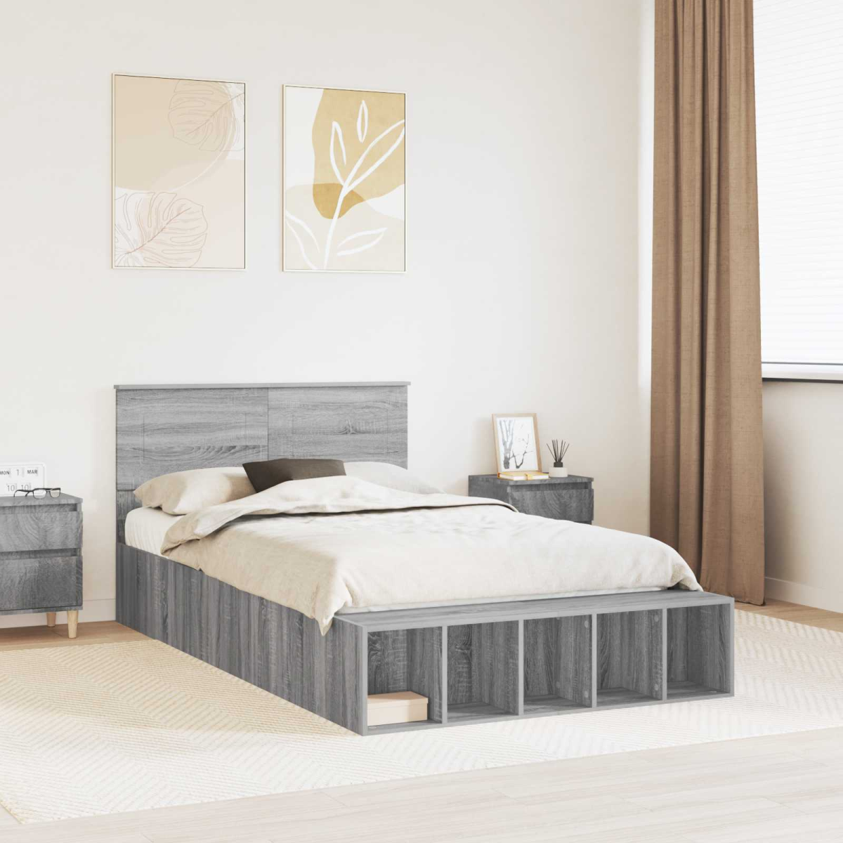vidaXL Bed Frame with Shelf Grey Sonoma 200 x 200 cm Engineered Wood - from vidaXL