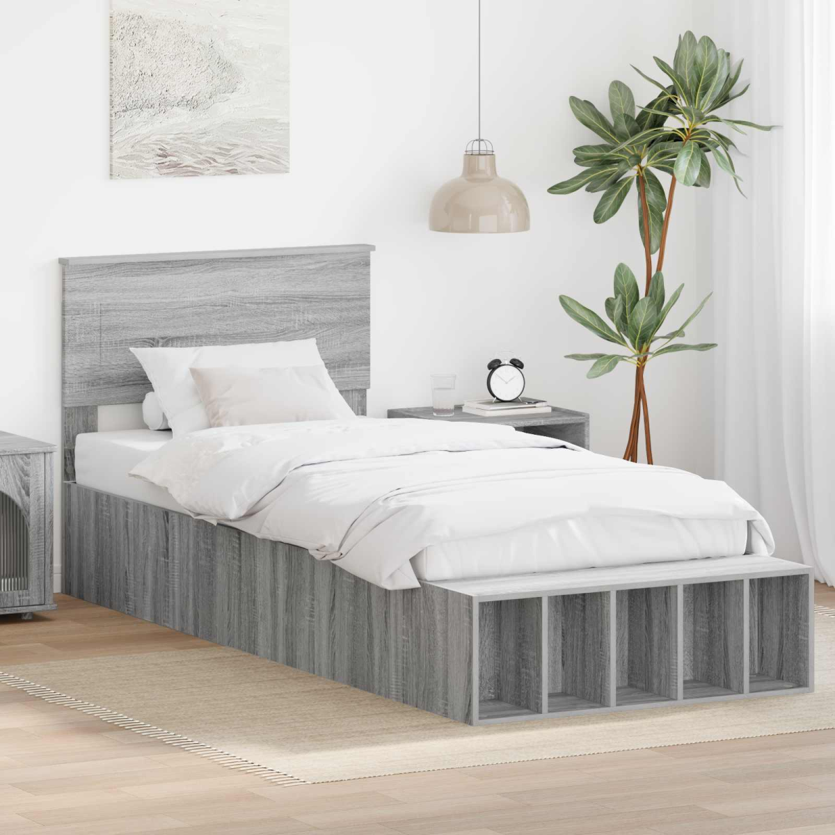 vidaXL Bed Frame with Shelf Grey Sonoma 200 x 200 cm Engineered Wood - from vidaXL
