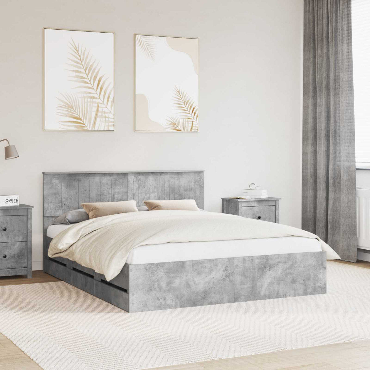 vidaXL Bed Frame with Drawer Concrete Grey 140 x 190 cm Engineer Wood - from vidaXL