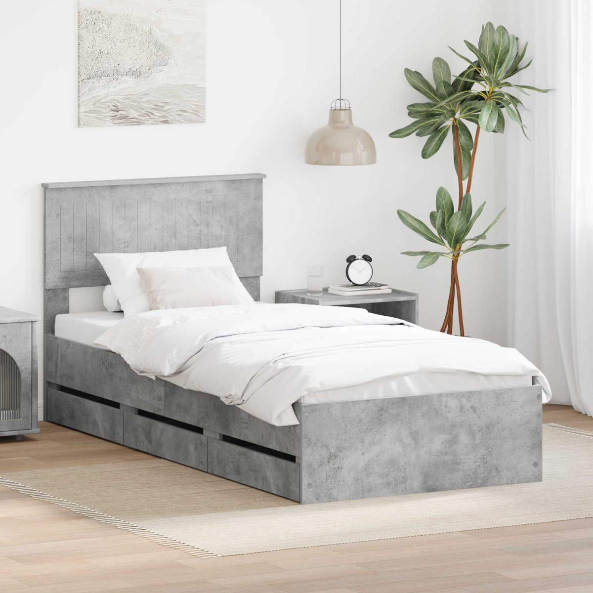 vidaXL Bed Frame with Drawer Concrete Grey 140 x 190 cm Engineer Wood - from vidaXL