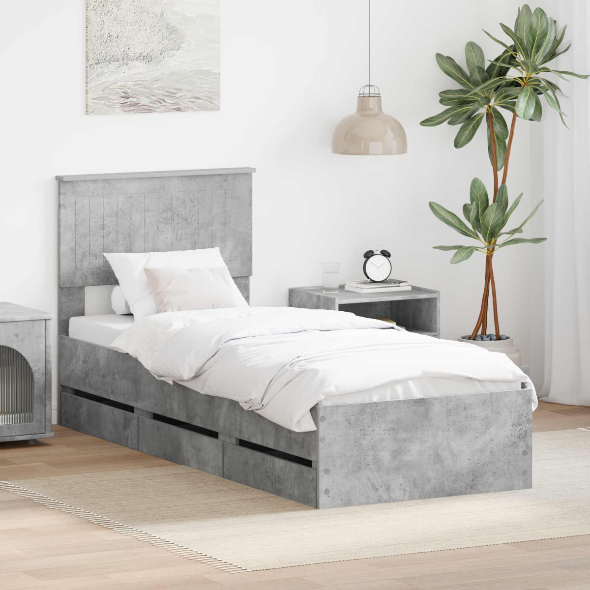 vidaXL Bed Frame with Drawer Concrete Grey 140 x 190 cm Engineer Wood - from vidaXL