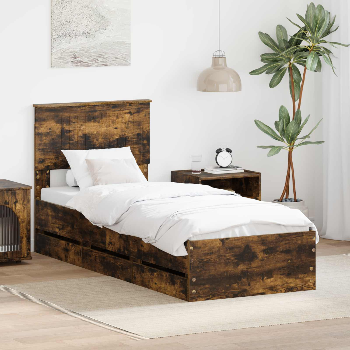 vidaXL Bed Frame with Drawer Concrete Grey 140 x 190 cm Engineer Wood - from vidaXL
