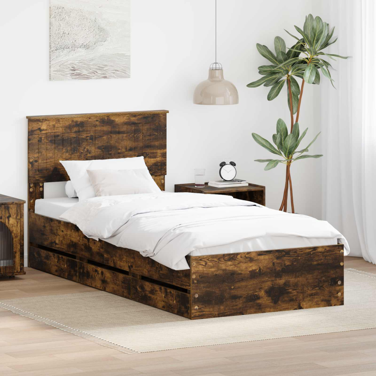 vidaXL Bed Frame with Drawer Concrete Grey 140 x 190 cm Engineer Wood - from vidaXL