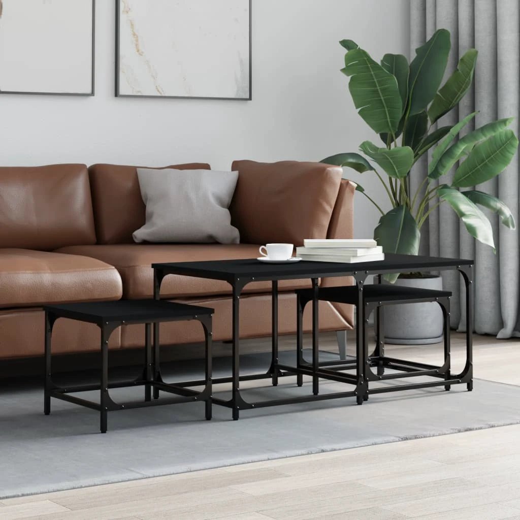 vidaXL Three-Piece Nesting Coffee Tables Black Engineered Wood Industrial Style For Small Spaces by vidaXL