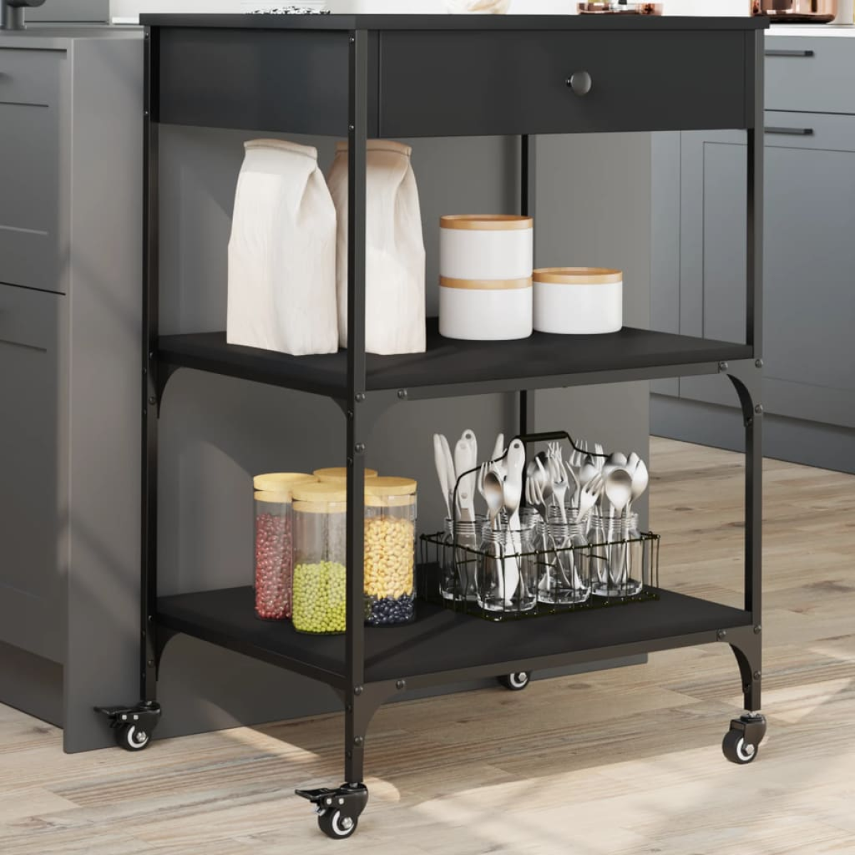 vidaXL Kitchen Trolley Black 60x48x89.5 cm Engineered Wood - from vidaXL