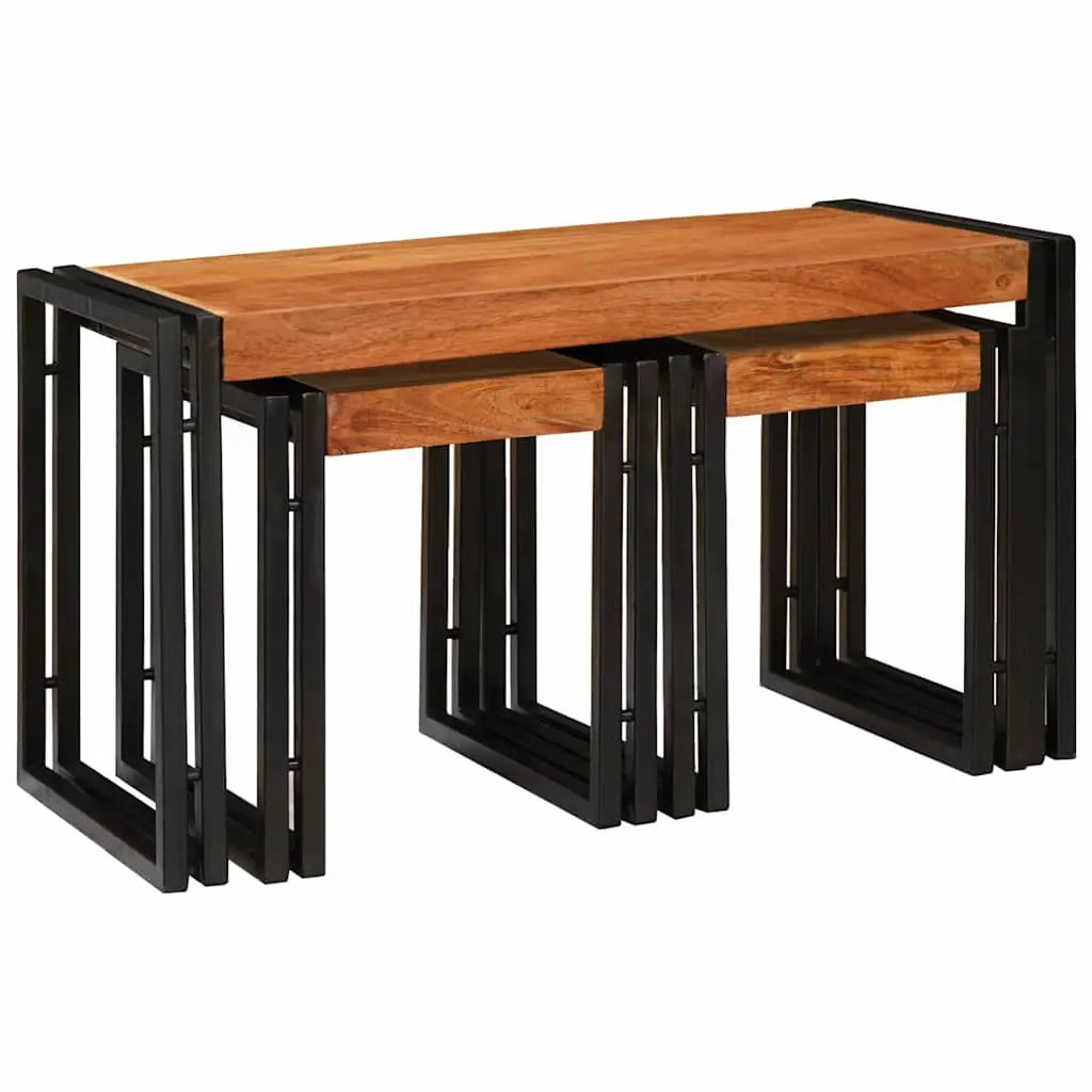 vidaXL vidaXL Nesting Table 3 pcs Brown and Black Solid Mango Wood and Metal - Nest of Tables