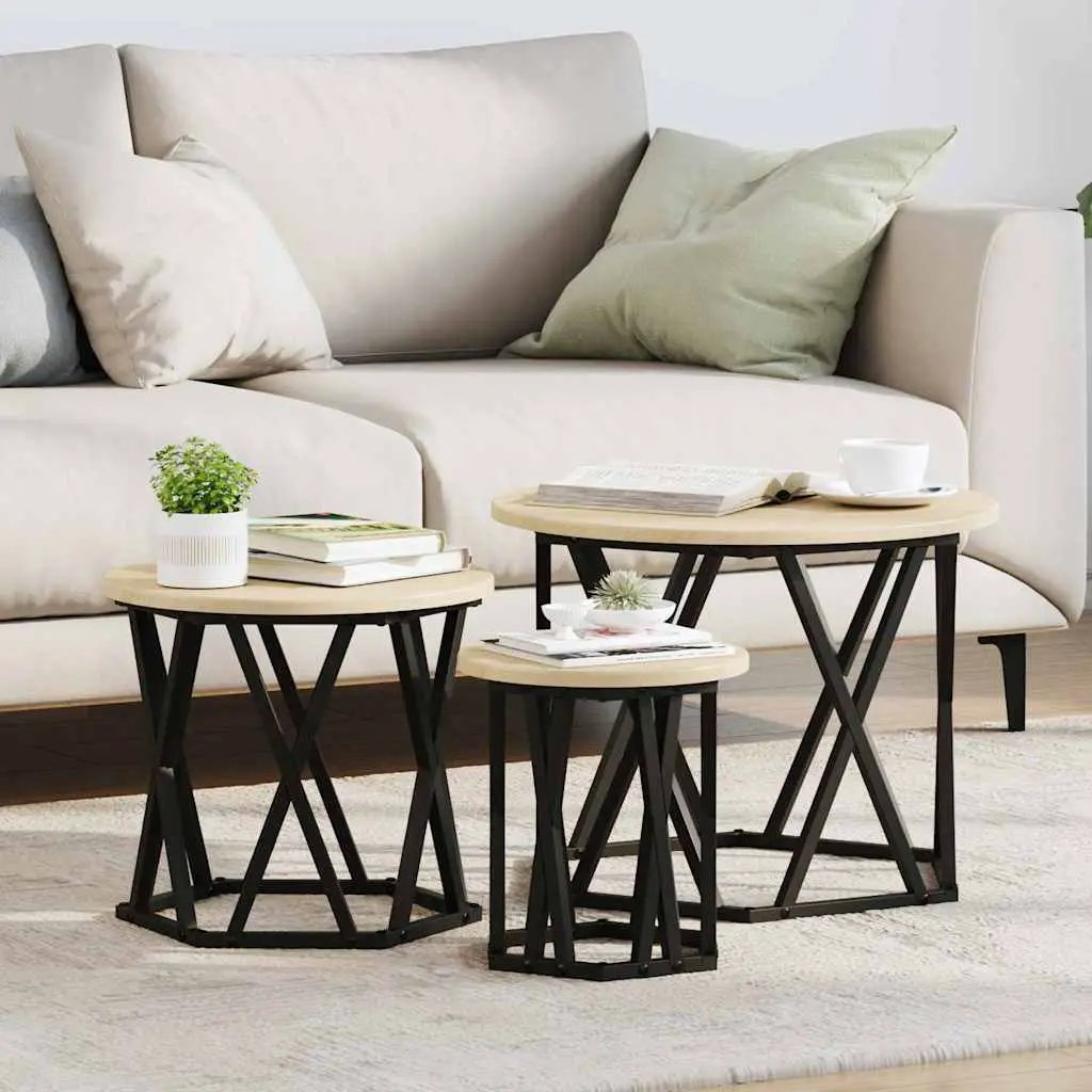 vidaXL vidaXL Nesting Side Table 3 pcs Black Oak Engineered Wood and Steel - Nest of Tables
