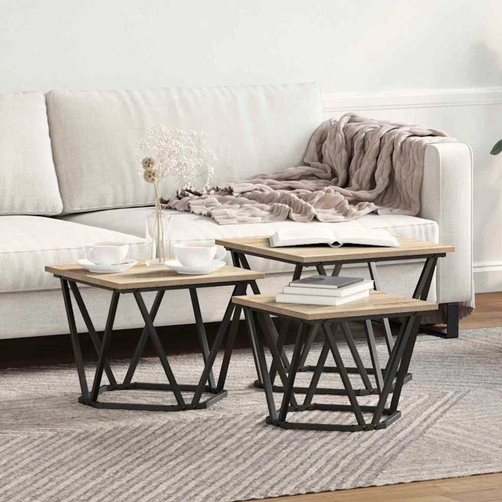 VidaXL Three-Piece Nesting Coffee Tables Black Oak Engineered Wood And Steel Set For Modern Living Rooms by vidaXL