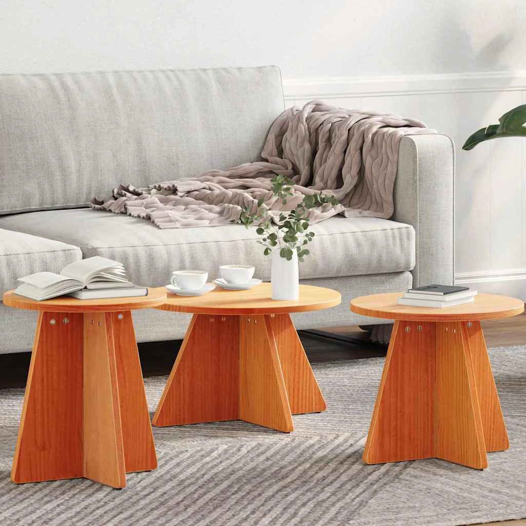 vidaXL VidaXL 3-Piece Round Rustic Pine Coffee Table Set Solid Wood For Living Room Home Decor - Coffee Table
