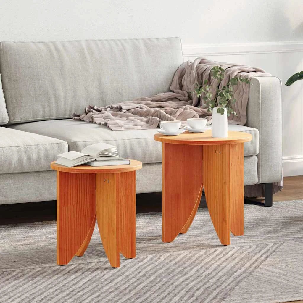 VidaXL Nesting Coffee Tables Set 2pc Round Pine Wood Rustic Design For Living Room by vidaXL