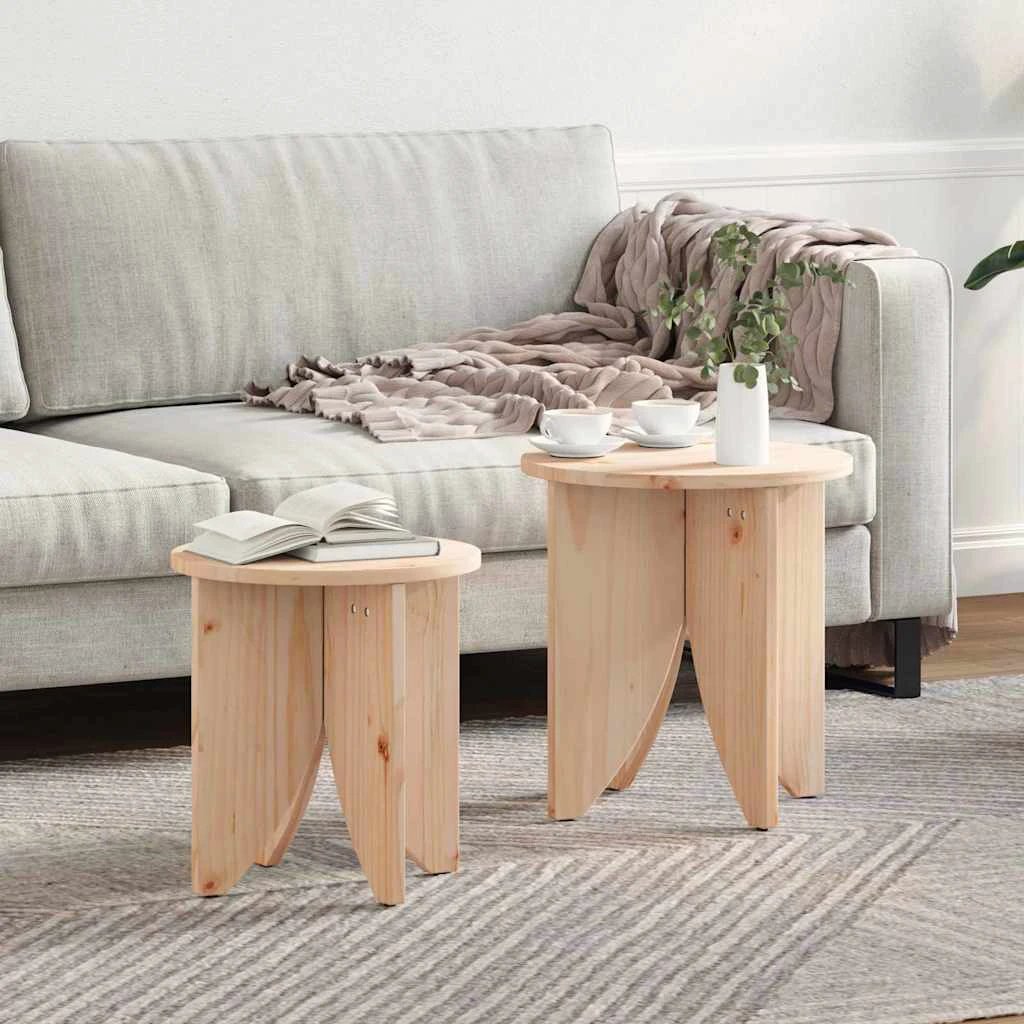 VidaXL Nesting Coffee Tables Set 2pc Round Pine Wood Rustic Design For Living Room by vidaXL