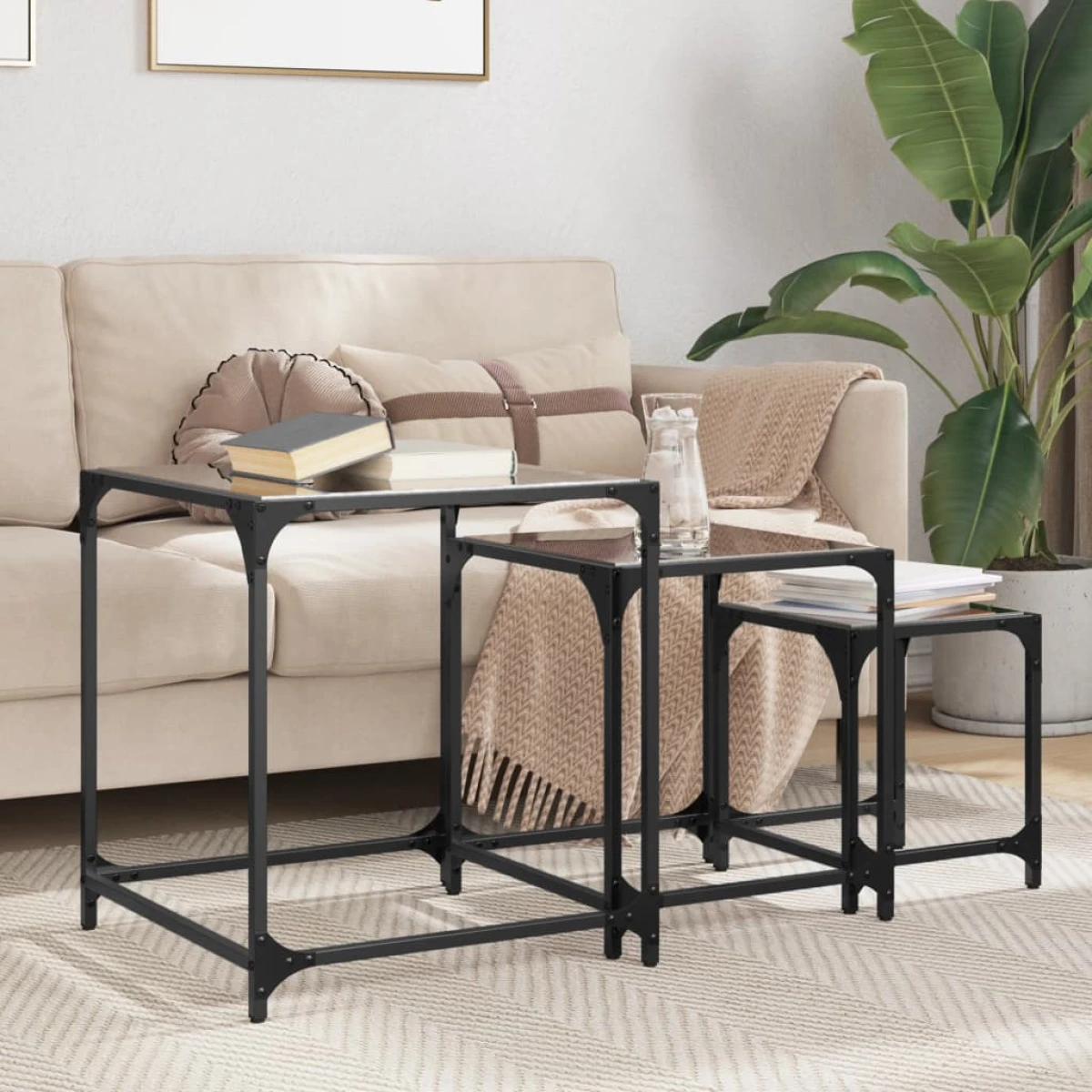 vidaXL VidaXL Nesting Coffee Tables 3 Piece Set Steel Frames Transparent Glass Tops For Living Room - Coffee Table