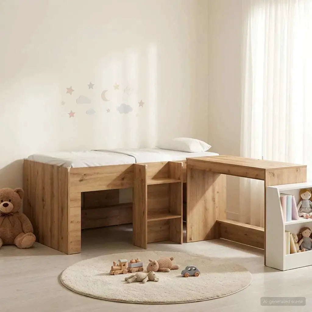 vidaXL Kids'High Bed Frame with Desk 2 pcs White Engineered Wood - from vidaXL