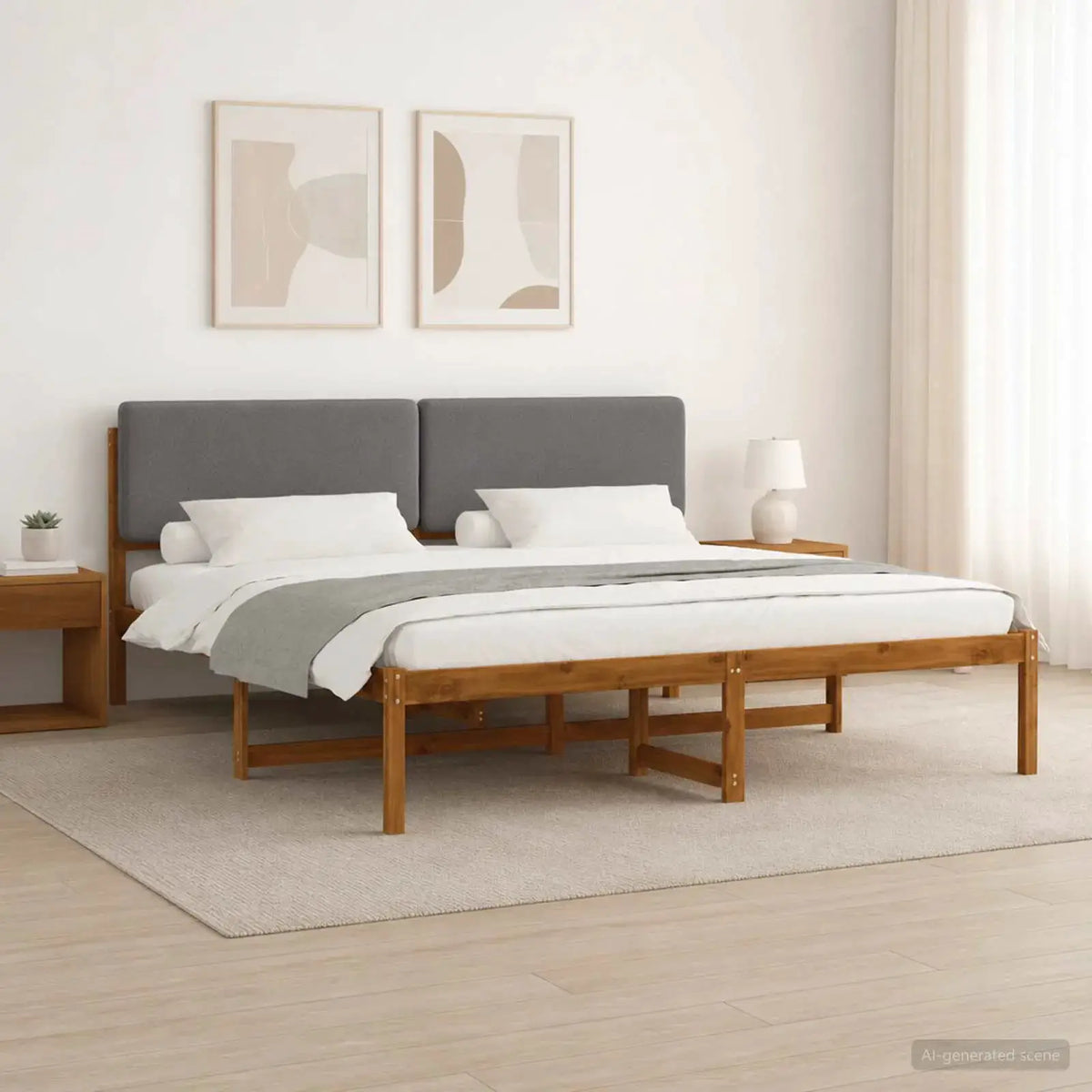 vidaXL Bed Frame with Upholstered Headboard Natural and Light Grey - from vidaXL