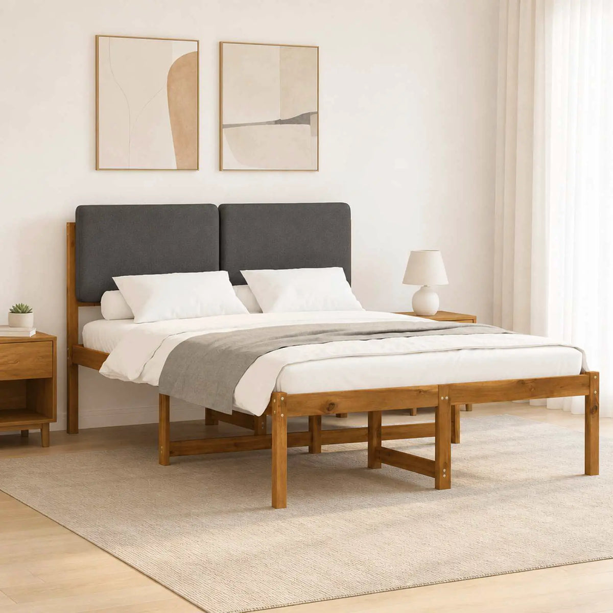 vidaXL Bed Frame with Upholstered Headboard Natural and Light Grey - from vidaXL