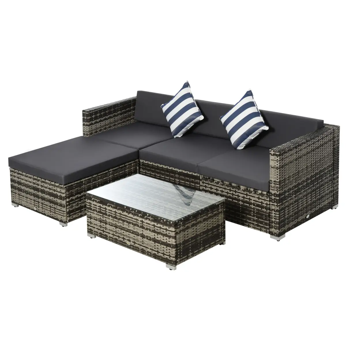 Outsunny 5PC Rattan Furniture Set Wicker Sofa Glass Tempered Tea Table & Cushion Pillows - Garden Sofa Sets