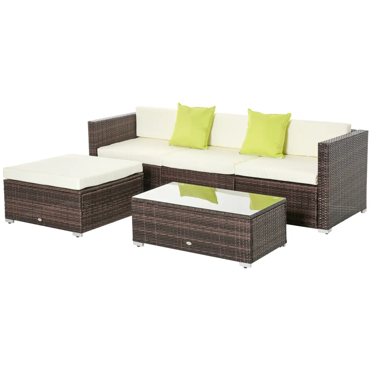 Outsunny 5PC Rattan Furniture Set Wicker Sofa Glass Tempered Tea Table & Cushion Pillows - Garden Sofa Sets