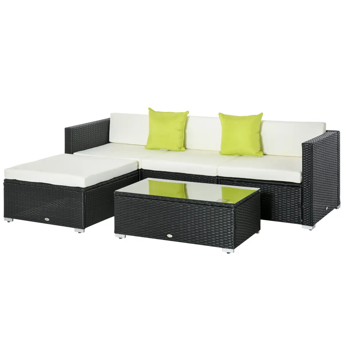 Outsunny 5PC Rattan Furniture Set Wicker Sofa Glass Tempered Tea Table & Cushion Pillows - Garden Sofa Sets
