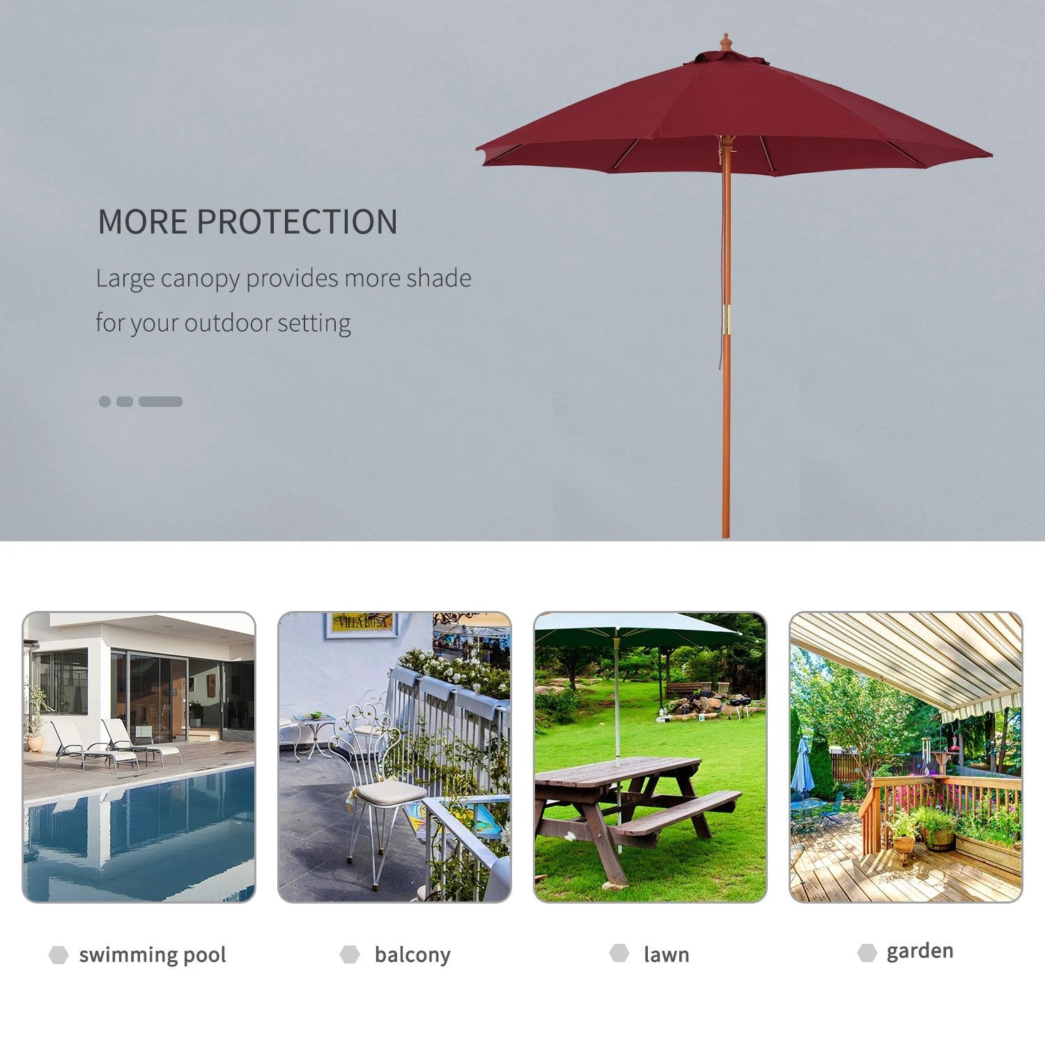 Outsunny 2.5m Wood Garden Parasol Sun Shade Patio Market Umbrella Canopy with Top Vent - Parasol