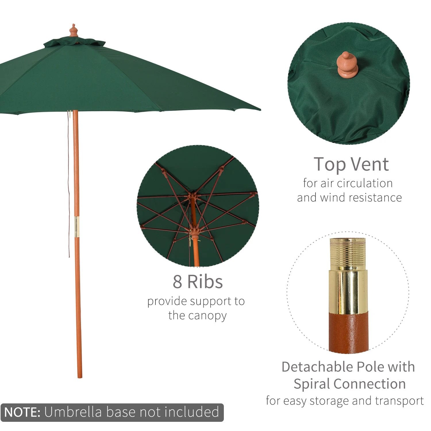 2.5m Wood Garden Parasol Sun Shade Patio Market Umbrella Canopy with Top Vent by Outsunny