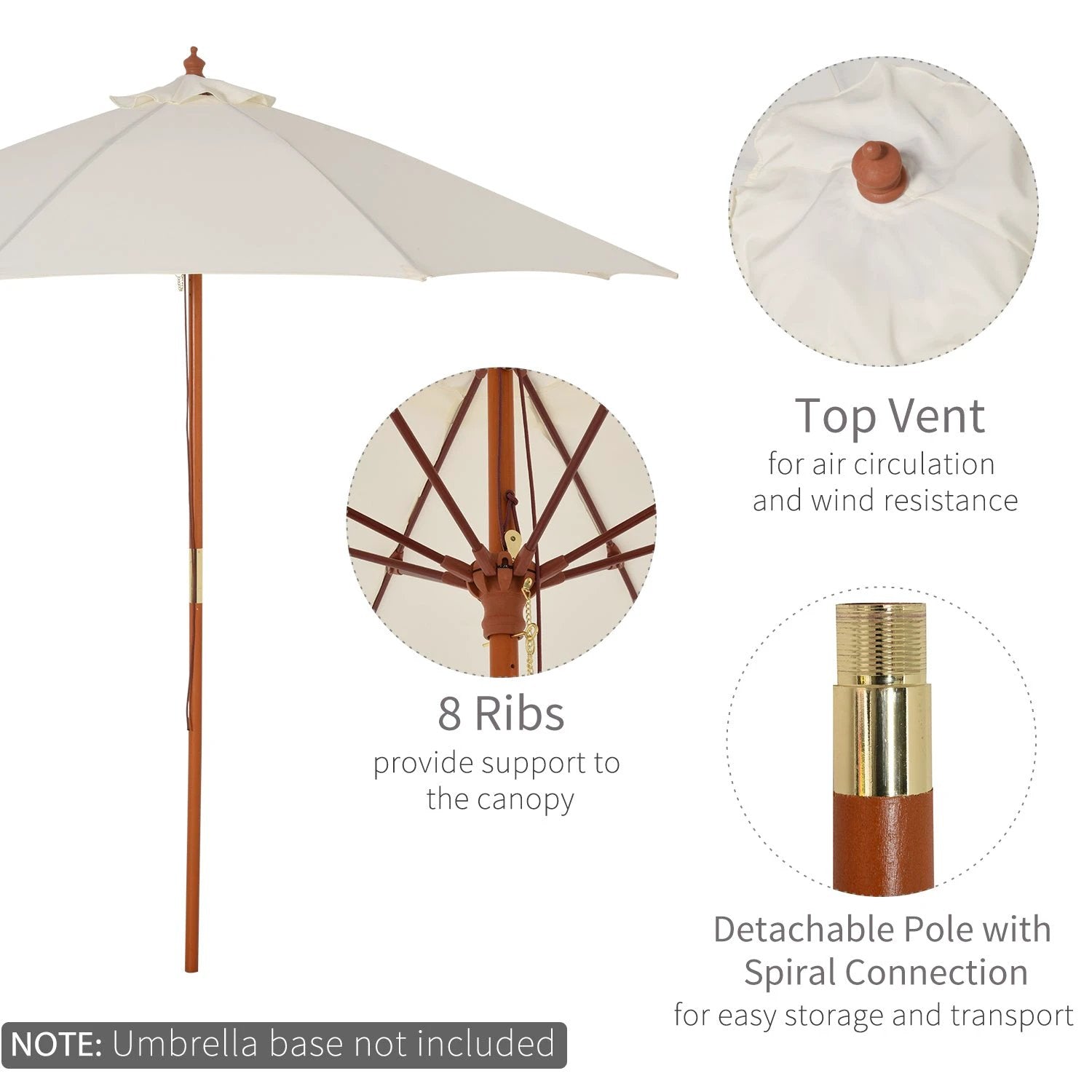 Outsunny 2.5m Wood Garden Parasol Sun Shade Patio Market Umbrella Canopy with Top Vent - Parasol