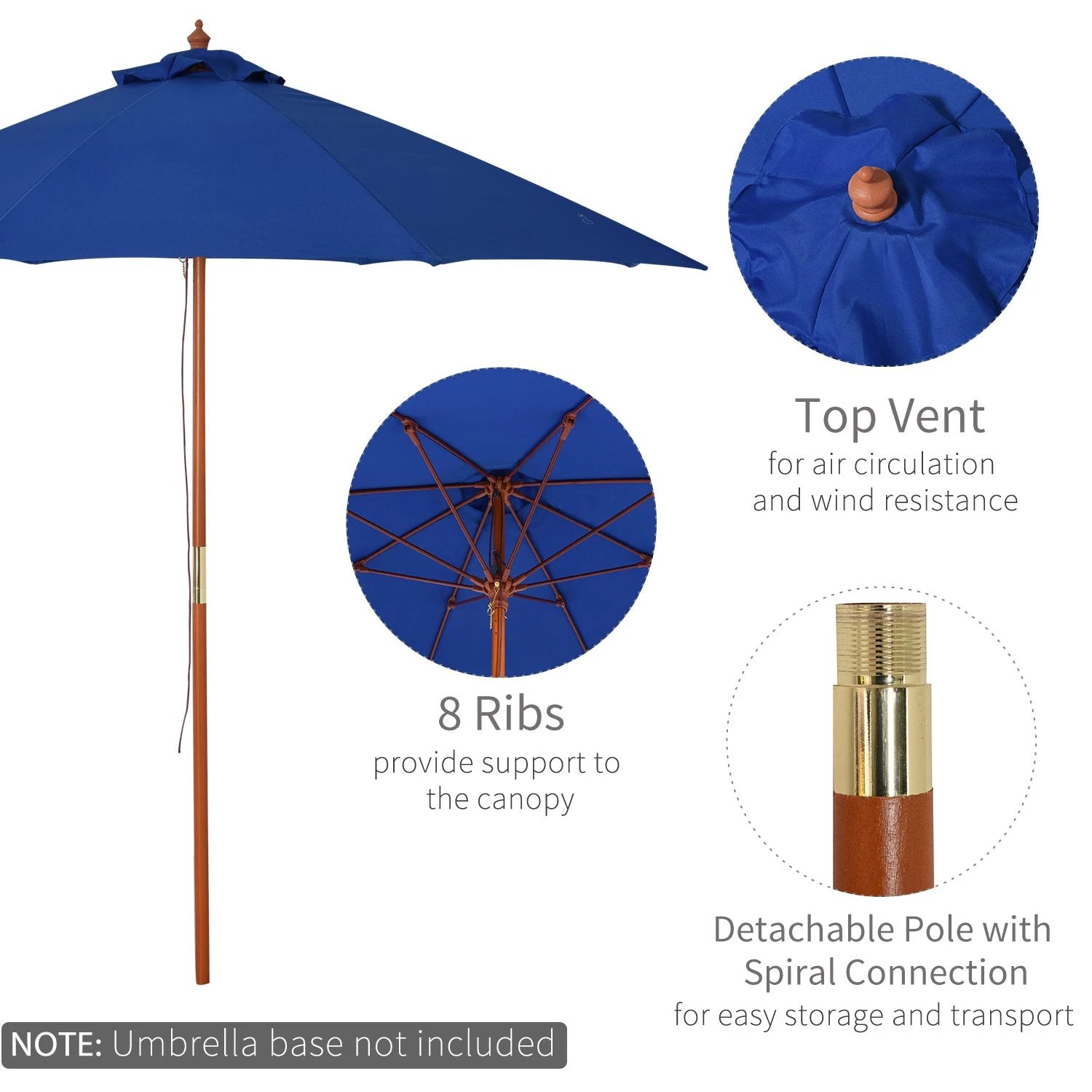 2.5m Wood Garden Parasol Sun Shade Patio Market Umbrella Canopy with Top Vent by Outsunny