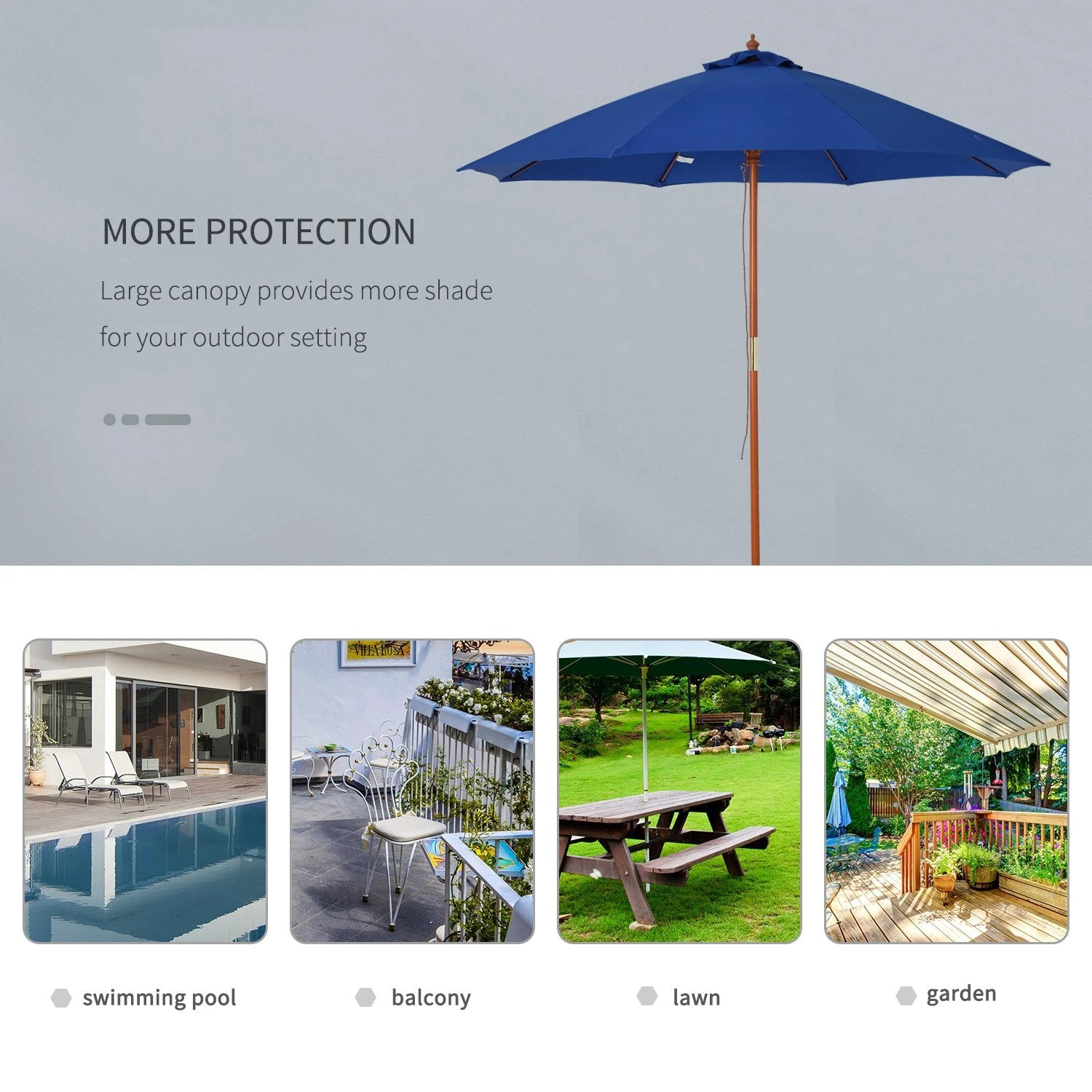 2.5m Wood Garden Parasol Sun Shade Patio Market Umbrella Canopy with Top Vent by Outsunny