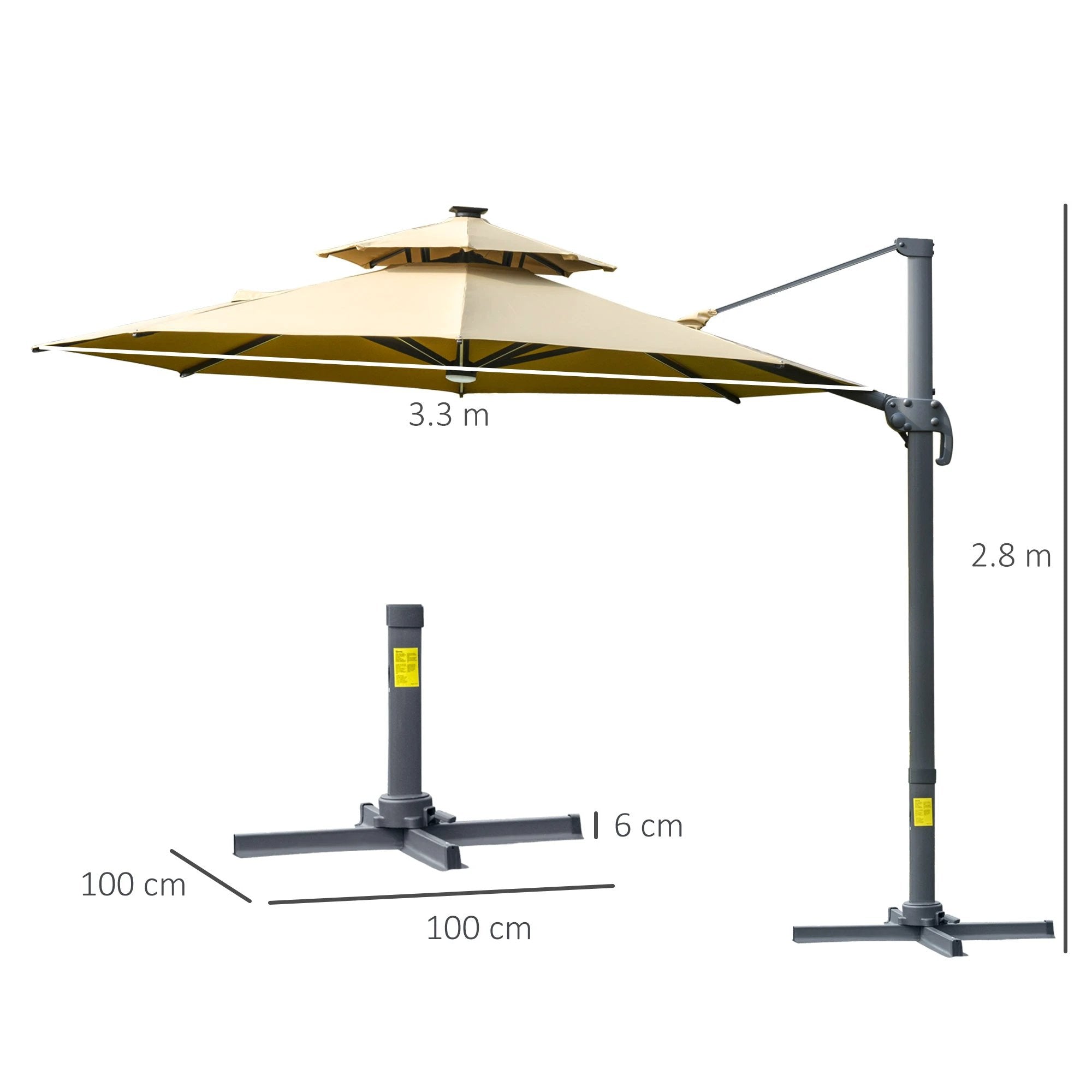 3m Cantilever Parasol w/ Solar Lights Power Bank Garden Umbrella 2-Tier Roof by Outsunny