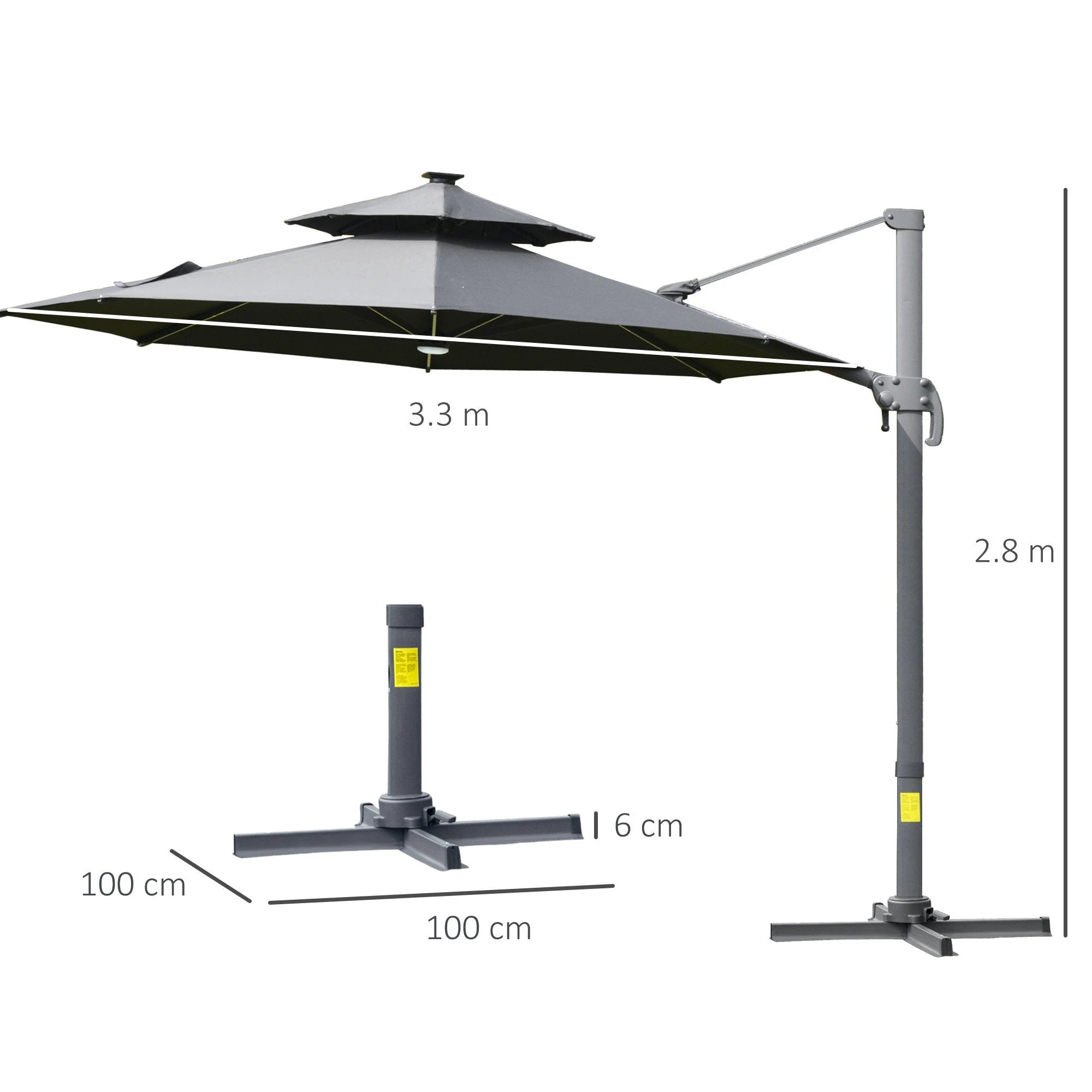 3m Cantilever Parasol w/ Solar Lights Power Bank Garden Umbrella 2-Tier Roof by Outsunny
