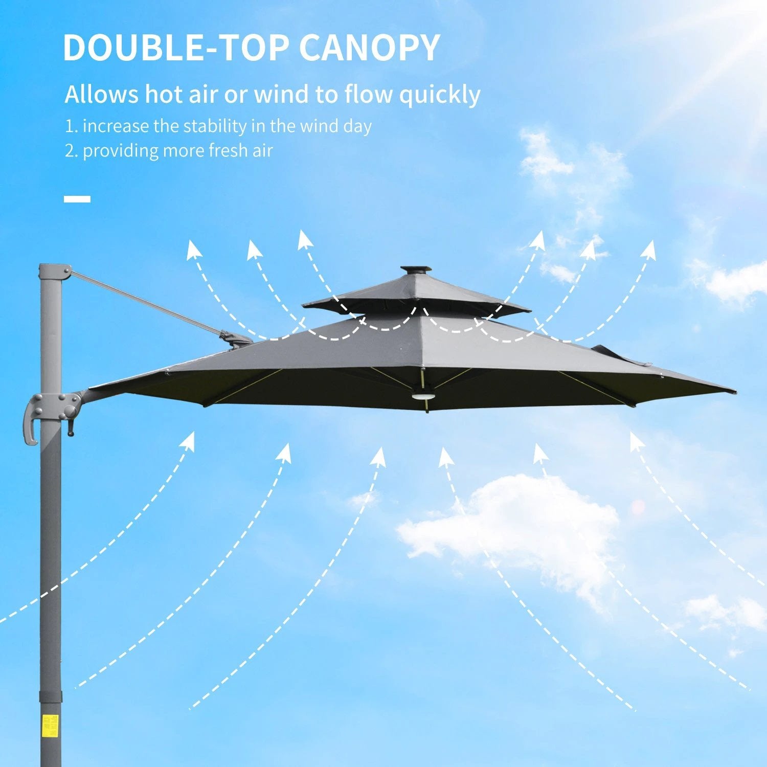 Outsunny 3m Cantilever Parasol w/ Solar Lights Power Bank Garden Umbrella 2-Tier Roof - Parasol