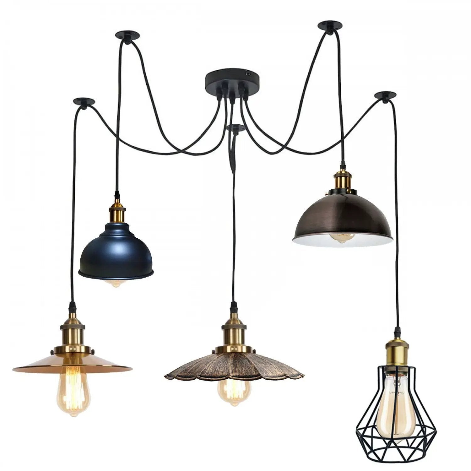 LEDSone Retro Industrial Metal Multi Shade 5 Way Ceiling Pendant Spider Lamp For Bar, Bedroom - Pendant Lights