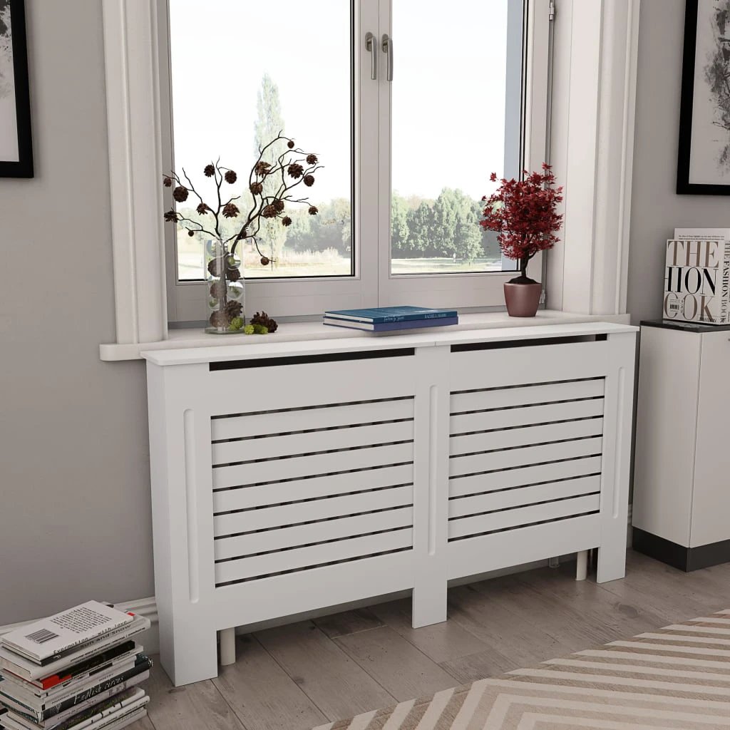 VidaXL Radiator Cover Cabinet 205 cm White MDF Modern Slatted Design With Shelf Living Room by vidaXL