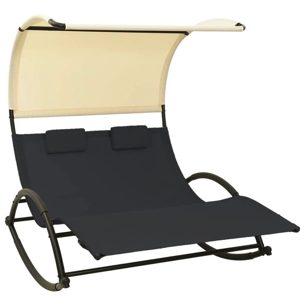 vidaXL Double Sun Lounger with Canopy Textilene Black and Cream by vidaXL