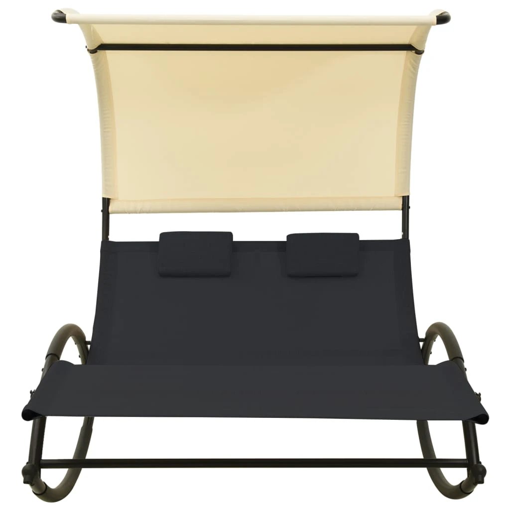 vidaXL Double Sun Lounger with Canopy Textilene Black and Cream by vidaXL