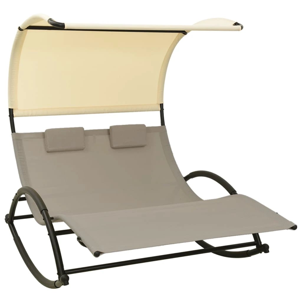vidaXL vidaXL Double Sun Lounger with Canopy Textilene Black and Cream - Sun Lounger