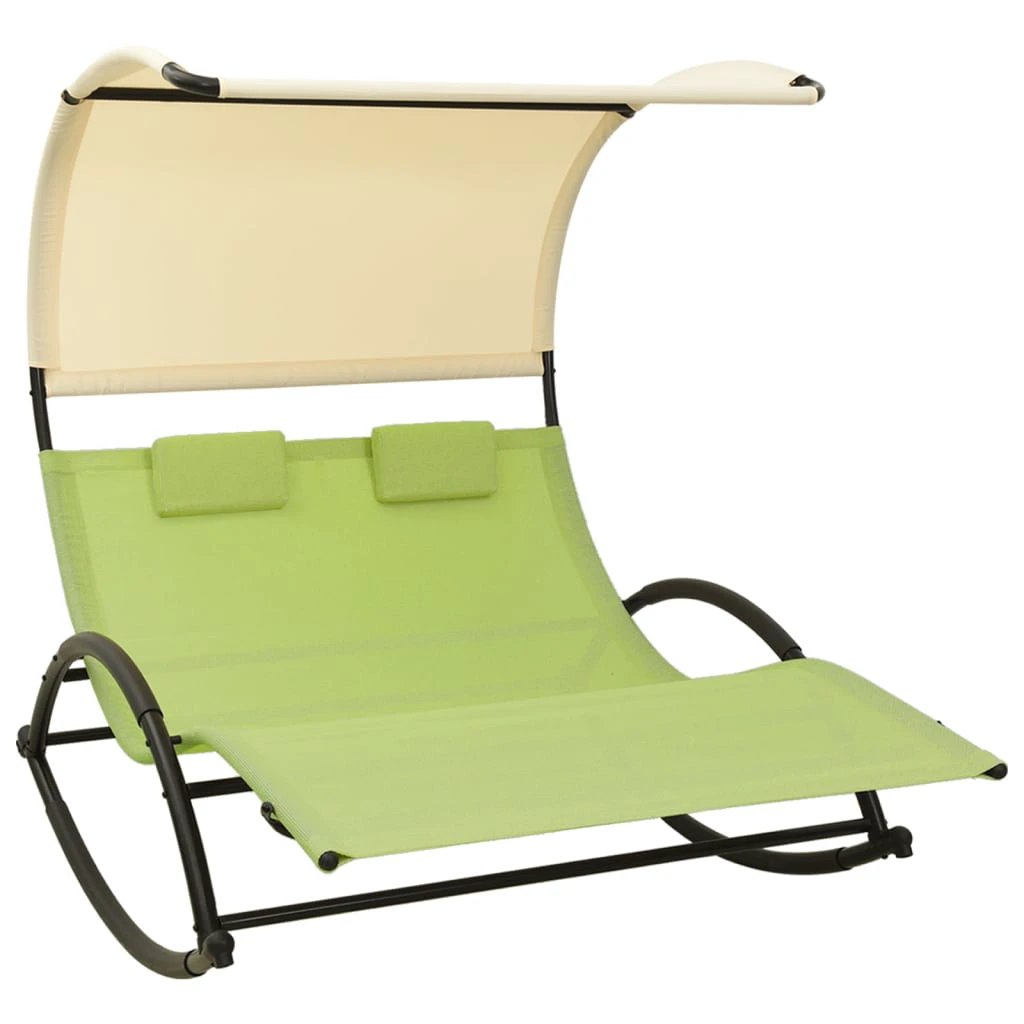 vidaXL vidaXL Double Sun Lounger with Canopy Textilene Black and Cream - Sun Lounger