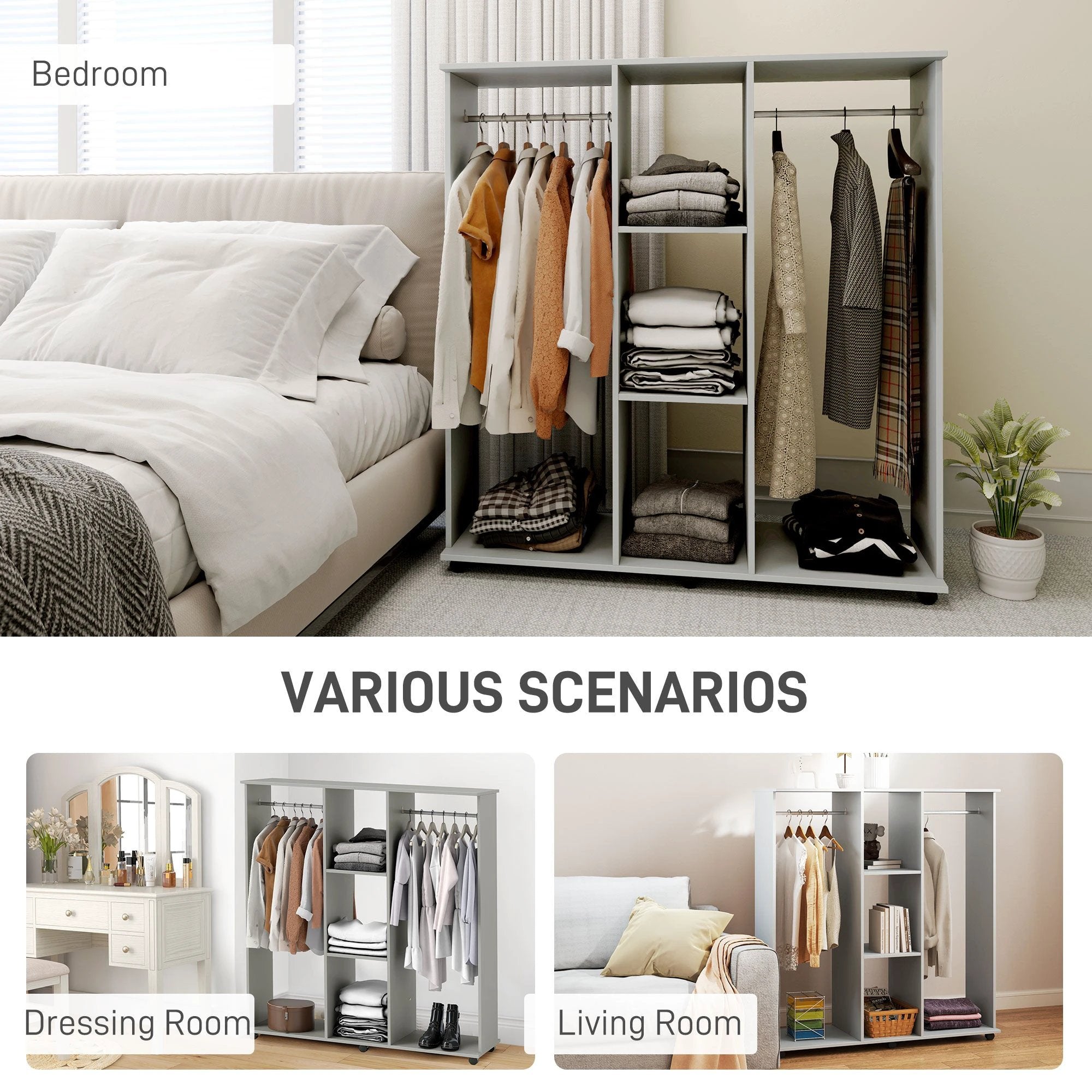 HOMCOM Mobile Double Open Wardrobe w/ Clothes Hanging Rail Clothing Grey - Wardrobe
