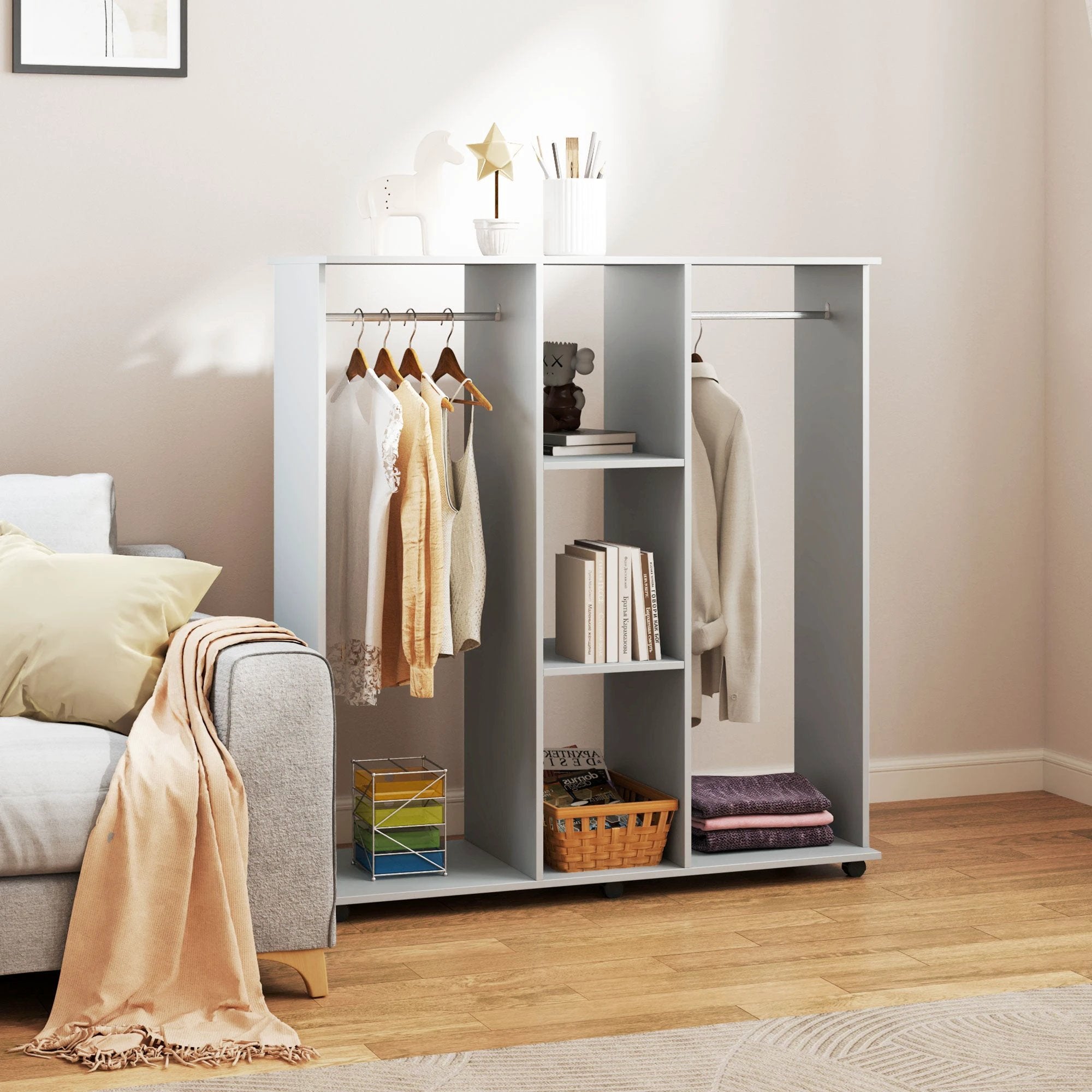 HOMCOM Mobile Double Open Wardrobe w/ Clothes Hanging Rail Clothing Grey - Wardrobe