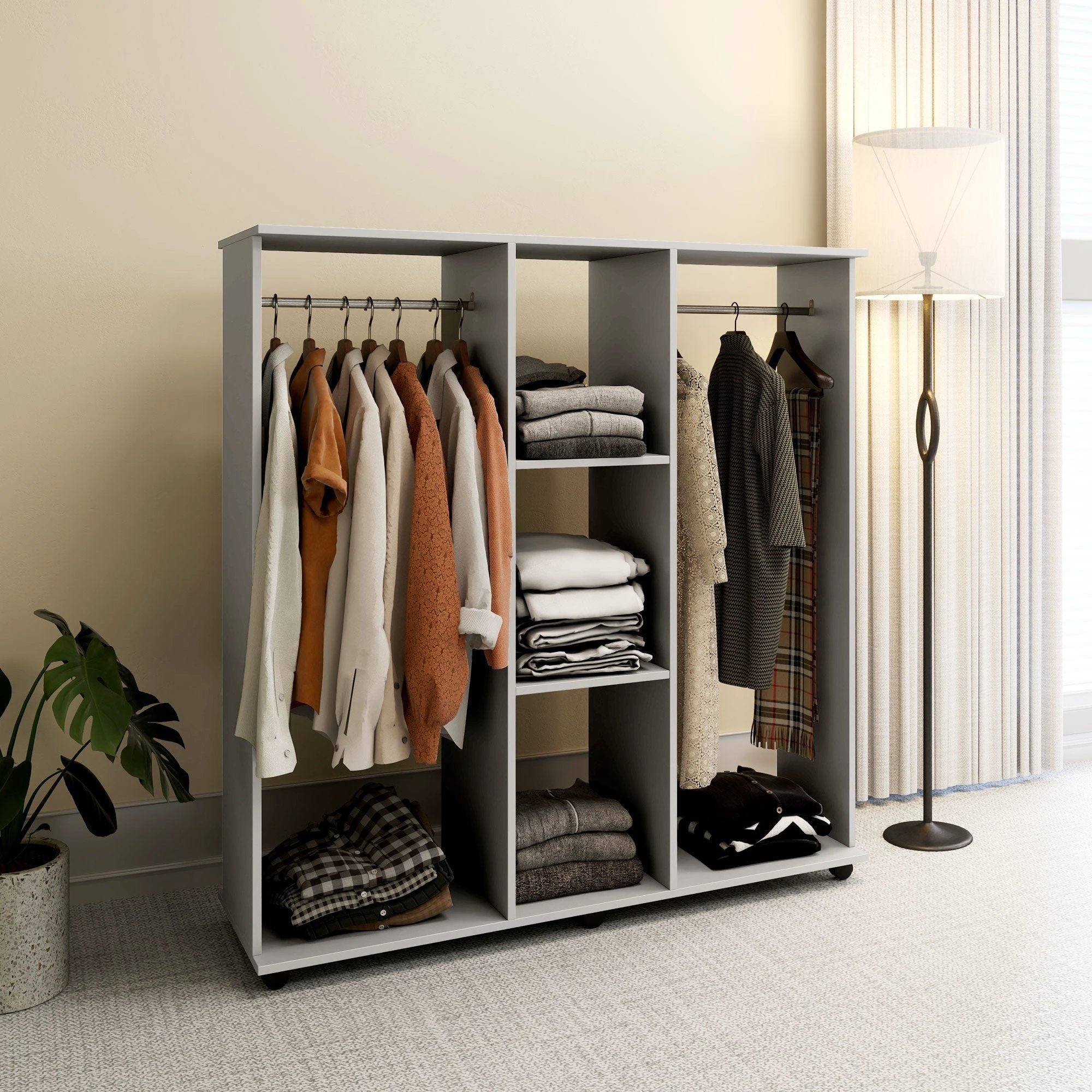 HOMCOM Mobile Double Open Wardrobe w/ Clothes Hanging Rail Clothing Grey - Wardrobe