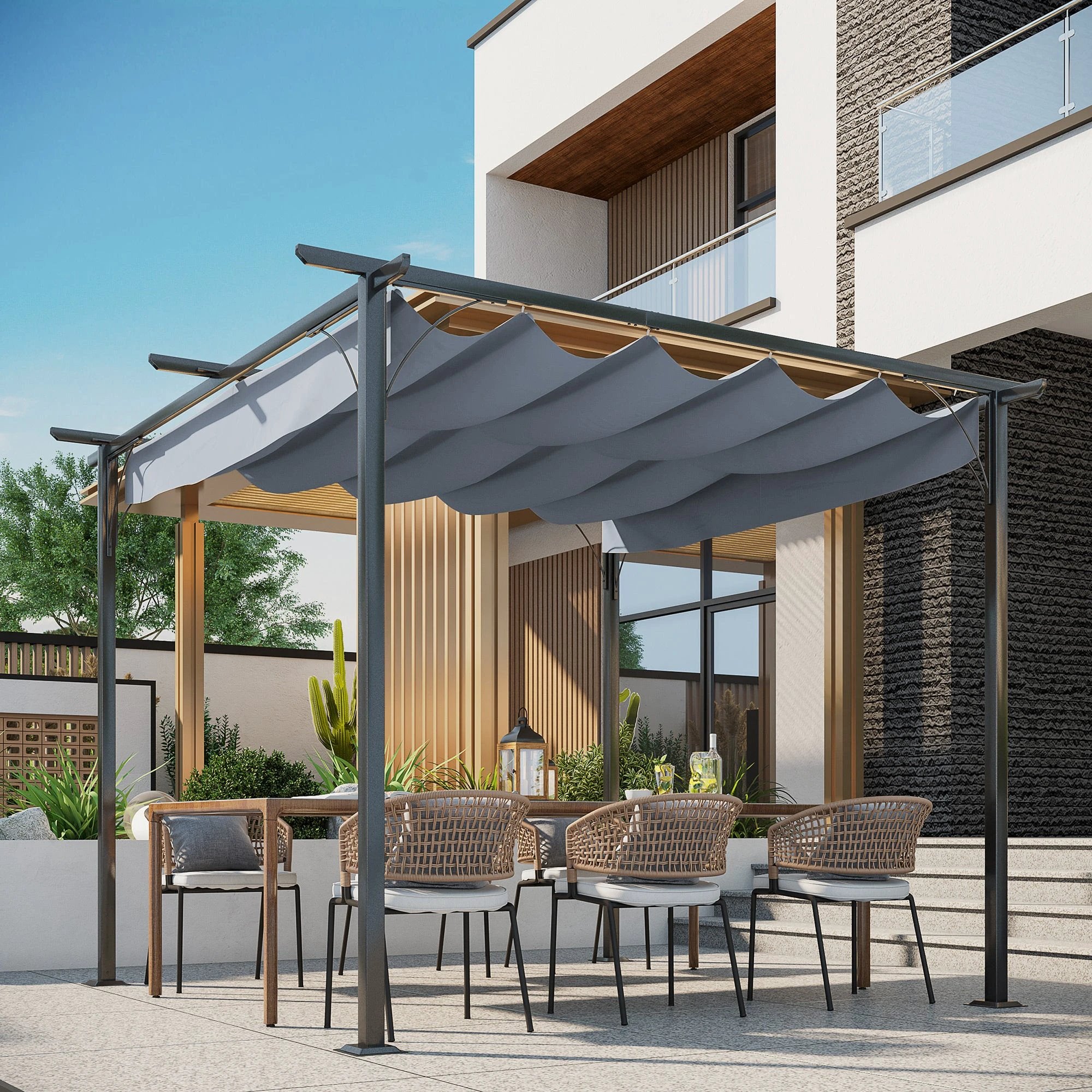 Outsunny 3x3 m Metal Pergola Gazebo Awning Retractable Canopy Grey 3x3m - Uncategorized Gazebos
