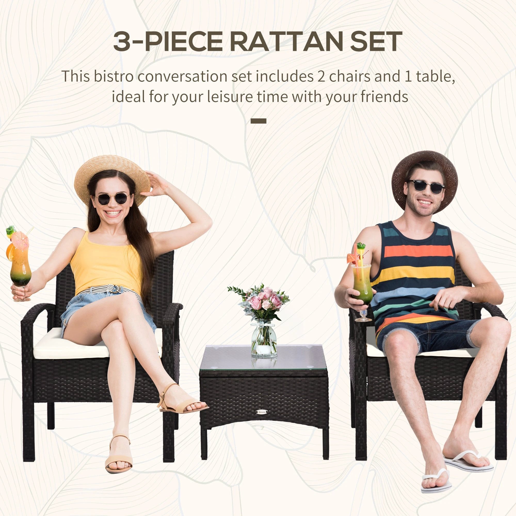3PC Garden Rattan Bistro Set Balcony Dining Table 2 Seater Chair Outsunny by Unbranded