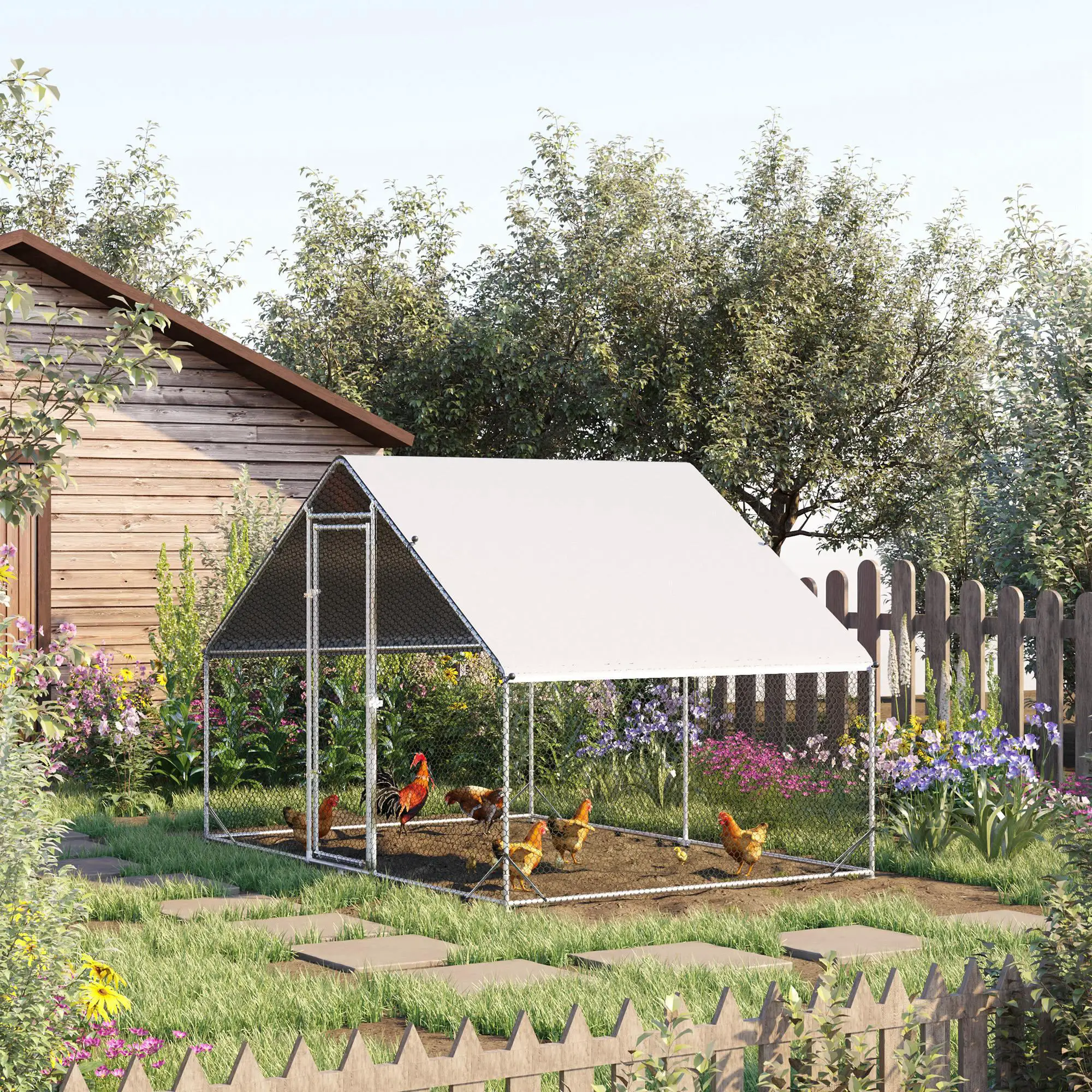 Pawhut Walk In Chicken Run Galvanized Chicken Coop Hen House w/ Water-Resist Cover - Chicken Coop