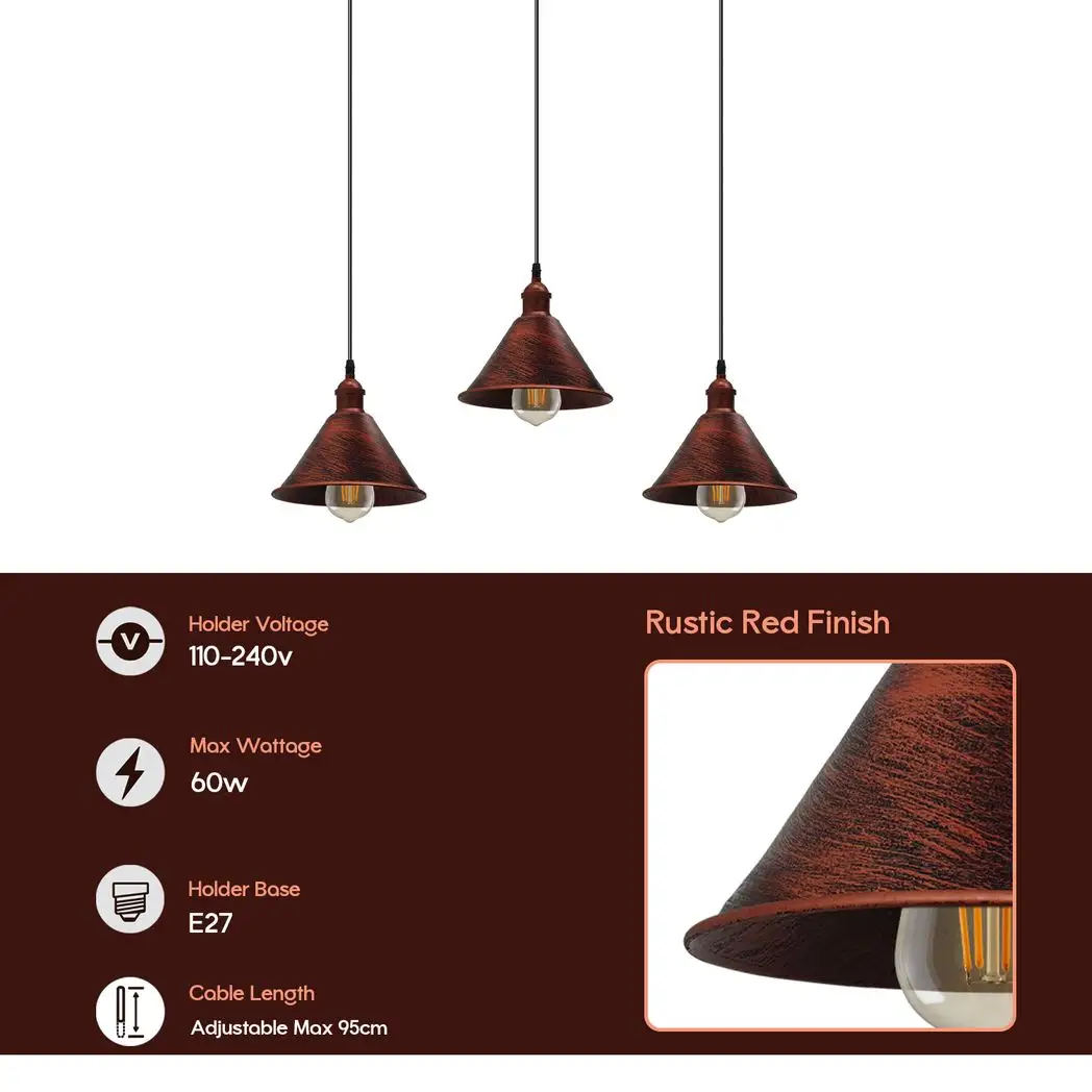 Un-branded Vintage Industrial Rustic Red 3 Head Reactangle Pendant Cord E27 Base Metal Brushed Light Fitting Cone Shape Lamp Shade - Pendant Lights